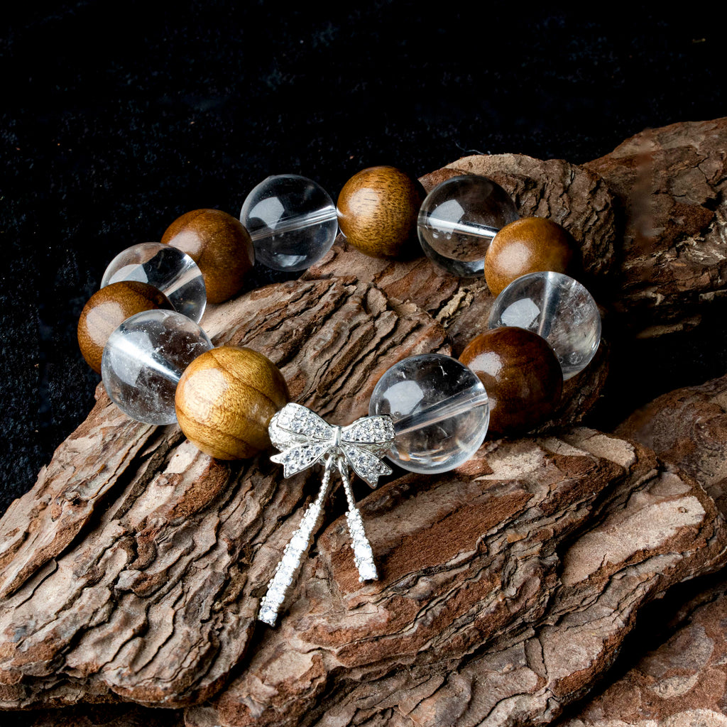 Auralyn Healing Butterfly Serenity Clear Quartz & Golden Phoebe Wood Bracelet, 16–17mm Natural Clear Quartz Beads with Silver-Plated Butterfly Charm, Handmade Mood-Healing Energy Jewelry for Clarity, Calm & Grounding