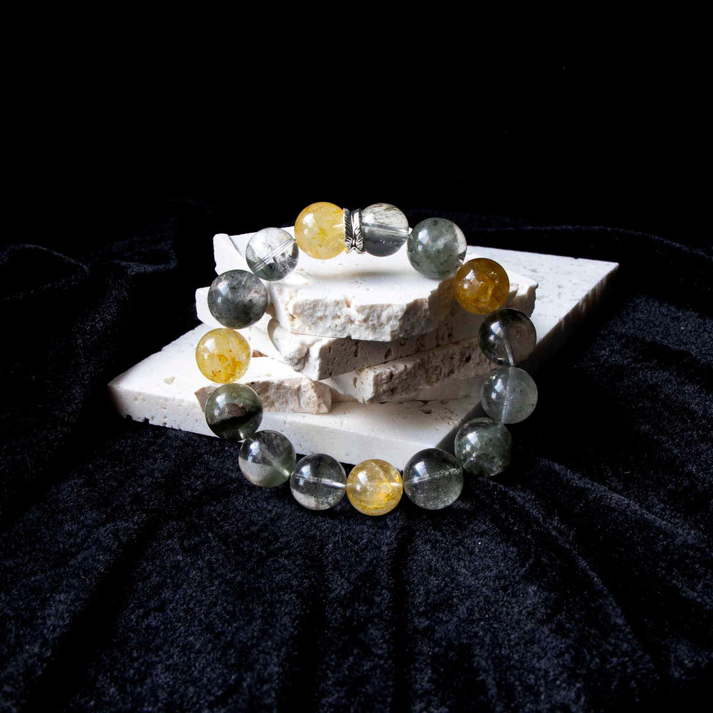 Auralyn Tarot The Empress Green Phantom Crystal Bracelet, 13–14mm Garden Quartz with Impression Jasper, Golden Flower Agate & Tourmaline Rutilated Quartz, Silver Feather Spacer, Handmade Energy Jewelry