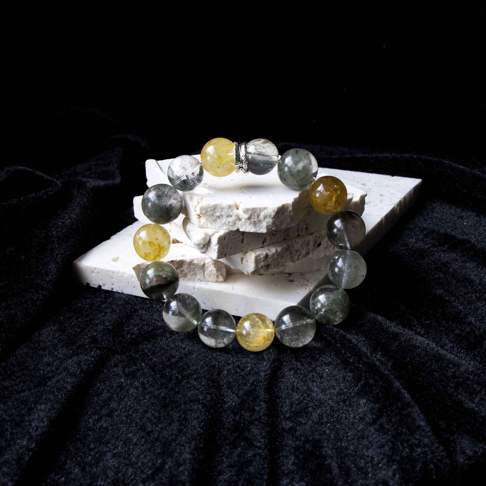 Auralyn Tarot The Empress Green Phantom Crystal Bracelet, 13–14mm Garden Quartz with Impression Jasper, Golden Flower Agate & Tourmaline Rutilated Quartz, Silver Feather Spacer, Handmade Energy Jewelry