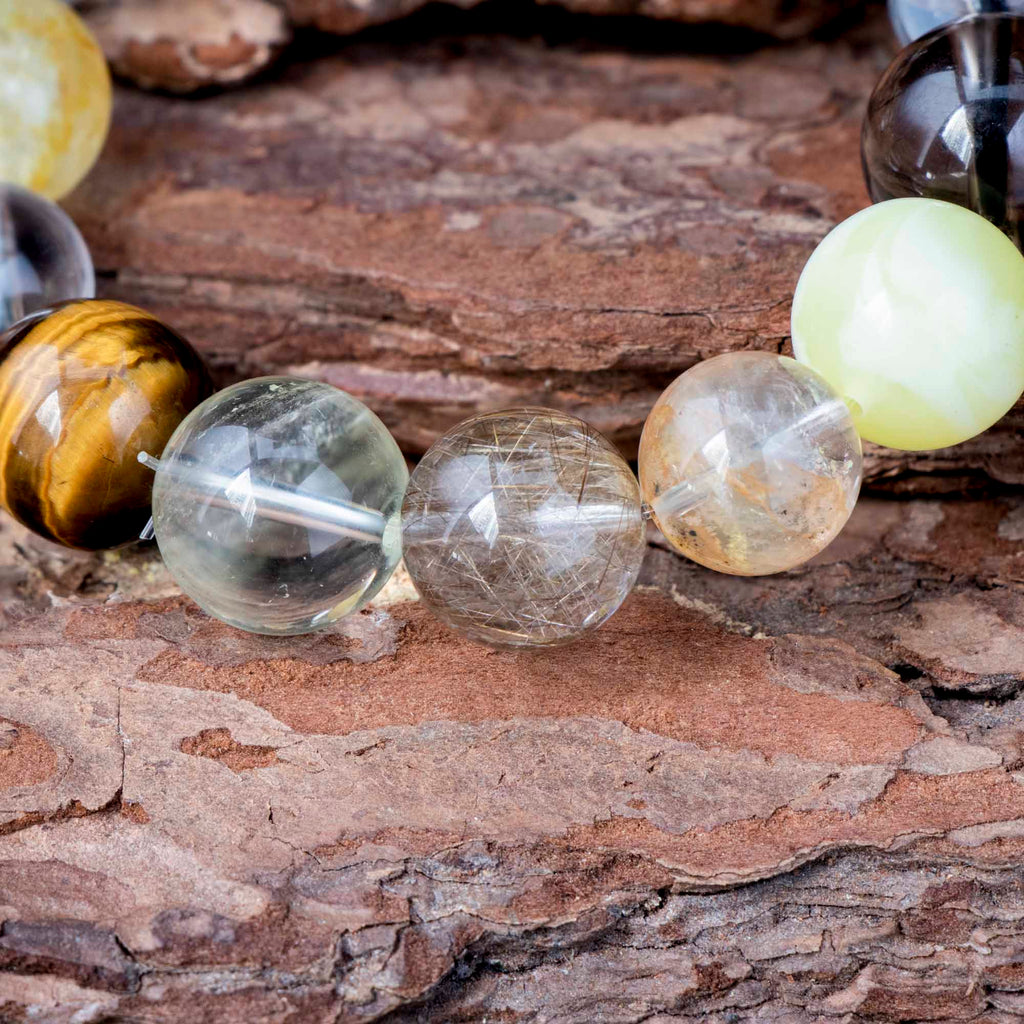 Auralyn Life Rhythm Ground & Glow Crystal Bracelet, 13–14mm Smoky Quartz, Green Quartz, Actinolite & Tourmaline Rutilated Quartz, Flower Agate, Amber, Tiger’s Eye & Red Rutilated, Handmade Energy Jewelry