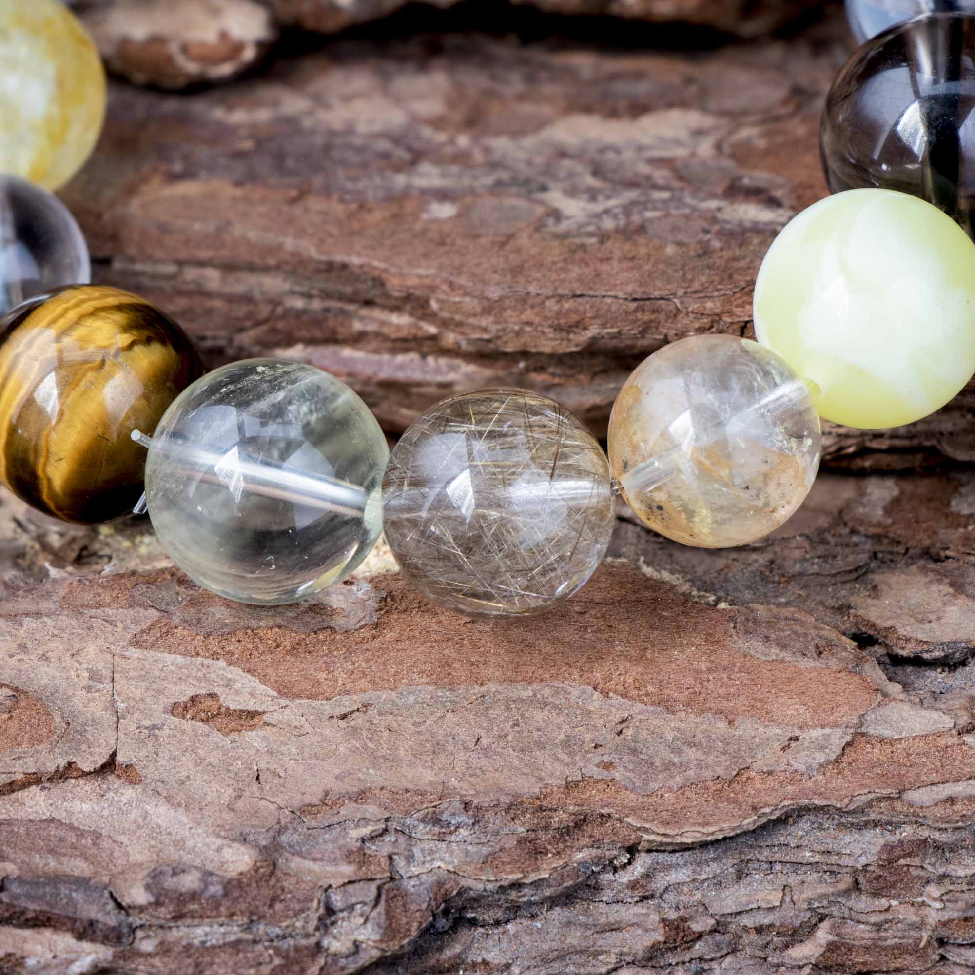 Auralyn Life Rhythm Ground & Glow Crystal Bracelet, 13–14mm Smoky Quartz, Green Quartz, Actinolite & Tourmaline Rutilated Quartz, Flower Agate, Amber, Tiger’s Eye & Red Rutilated, Handmade Energy Jewelry