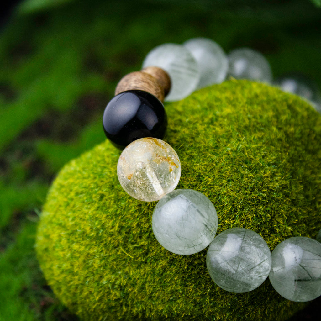 Auralyn Custom Forest Breath Green Rutilated Quartz Bracelet, 13–14mm Dark & Light Green Rutile with Starry Garden Phantom, Golden Flower Agate, Silver Obsidian & Two Agarwood Beads, Handmade Energy Jewelry