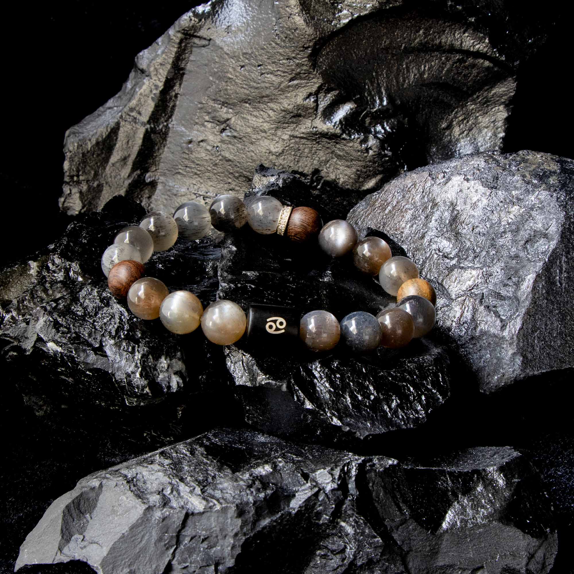 Auralyn Cancer Night-Tide Guardian Zodiac Bracelet, 10–12mm Black Tourmalinated “Backbone” Quartz & Rosewood with Gold-Plated Spacers and Ebony Bead w/ Sterling-Silver Cancer Inlay, Handmade Protective Jewelry Amazon-Style 5 Bullet Points