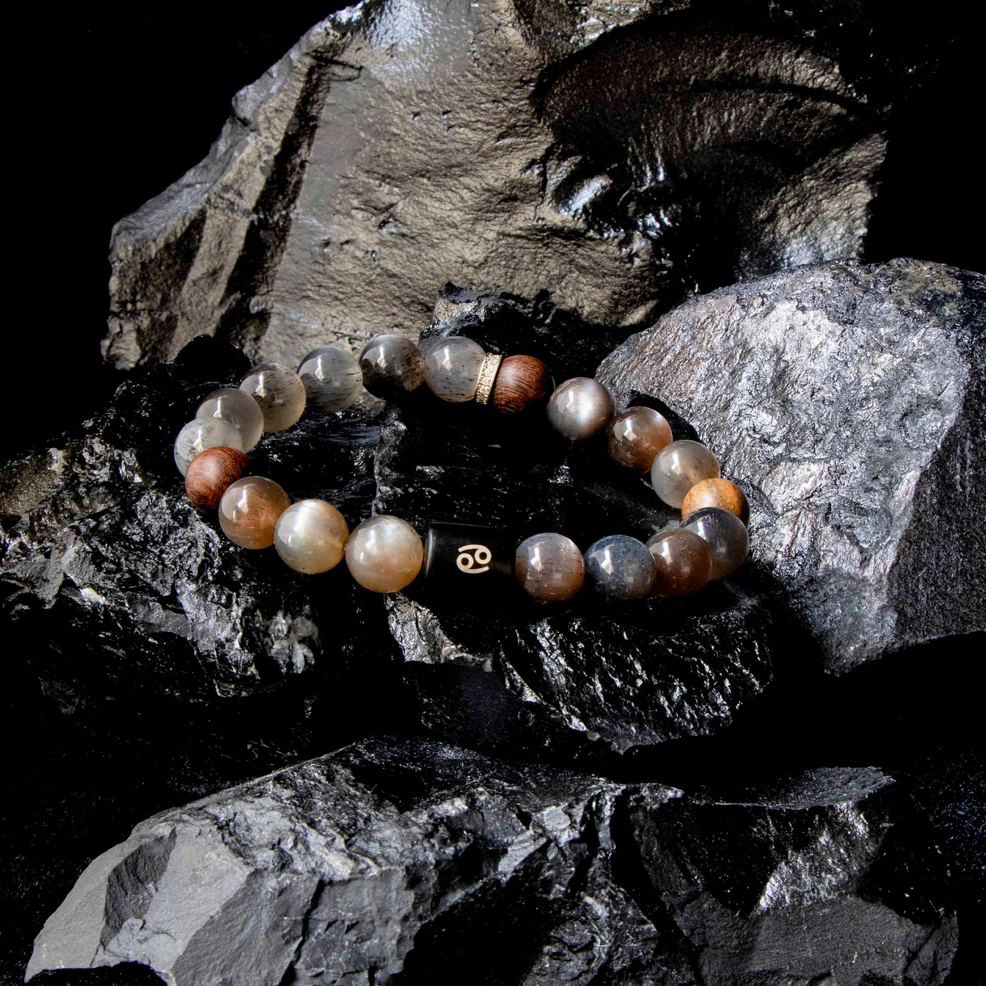 Auralyn Cancer Night-Tide Guardian Zodiac Bracelet, 10–12mm Black Tourmalinated “Backbone” Quartz & Rosewood with Gold-Plated Spacers and Ebony Bead w/ Sterling-Silver Cancer Inlay, Handmade Protective Jewelry Amazon-Style 5 Bullet Points