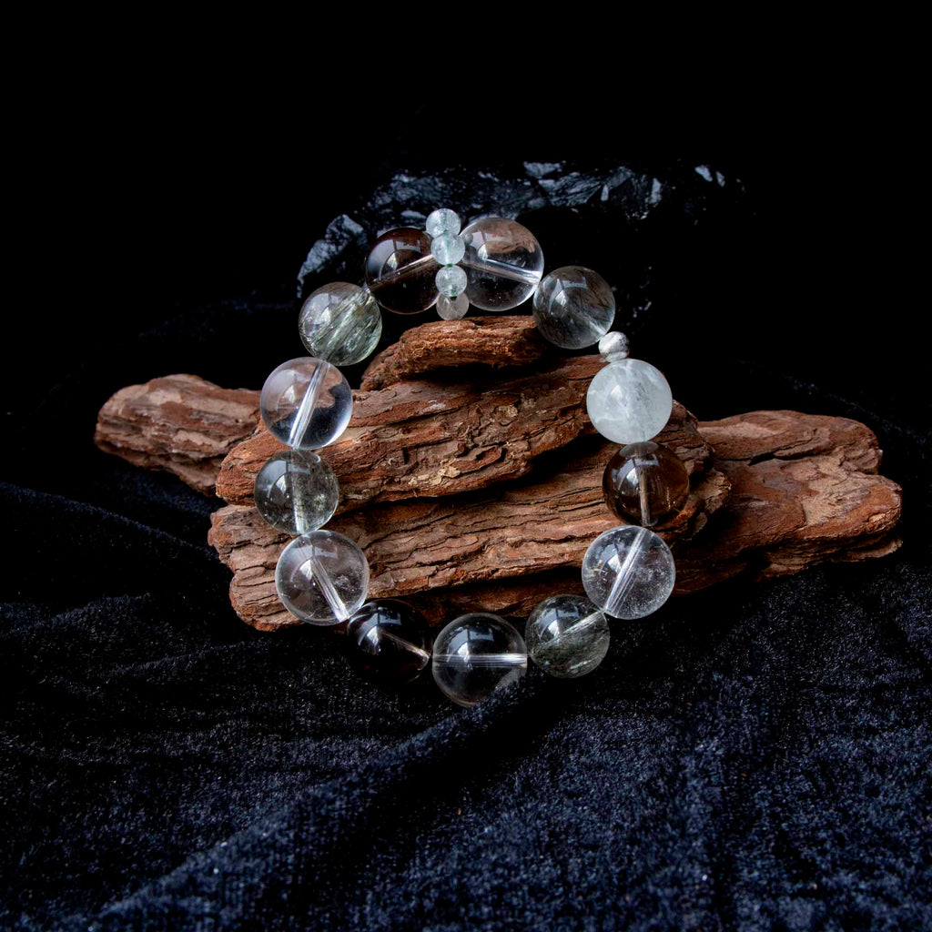 Auralyn Life Rhythm Clarity Momentum Crystal Bracelet, 14–16mm Tourmaline Rutilated Quartz with Clear Quartz, Smoky Quartz & White Phantom, Clear Quartz Runner Ring, Handmade Energy Jewelry