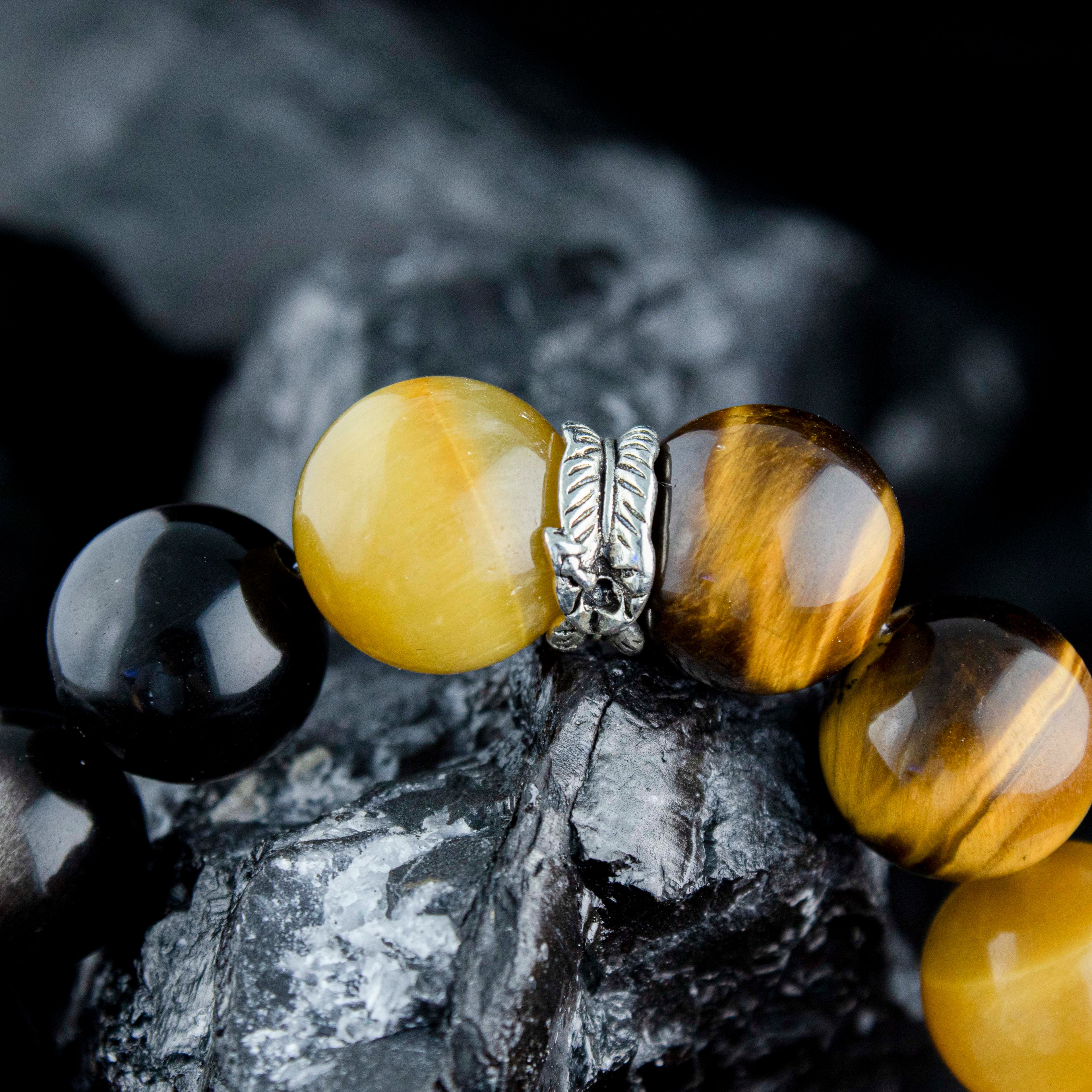 Celestial Guardian Bracelet – Tiger’s Eye & Silver Obsidian with Tibetan Silver Rings | Protective Energy Gift