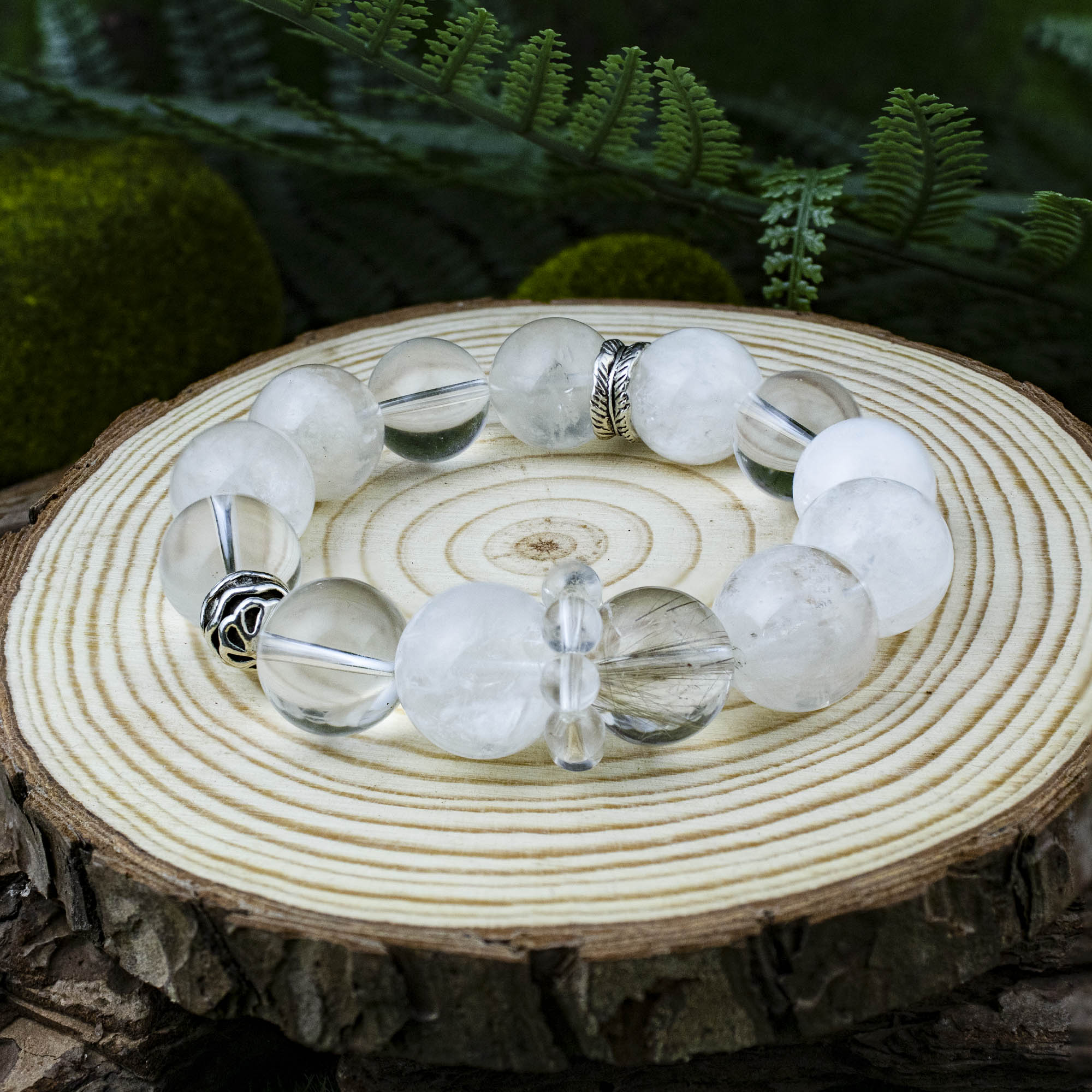 Auralyn Custom Frosted Clarity Crystal Bracelet, 13–14mm White Phantom, Clear Quartz & Silver Rutilated Quartz with Tibetan Silver Spacers & Rings, Handmade Energy Jewelry in Pure White/Transparent Tones