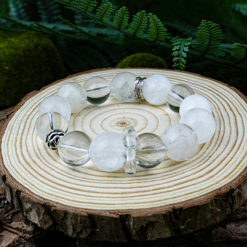 Auralyn Custom Frosted Clarity Crystal Bracelet, 13–14mm White Phantom, Clear Quartz & Silver Rutilated Quartz with Tibetan Silver Spacers & Rings, Handmade Energy Jewelry in Pure White/Transparent Tones