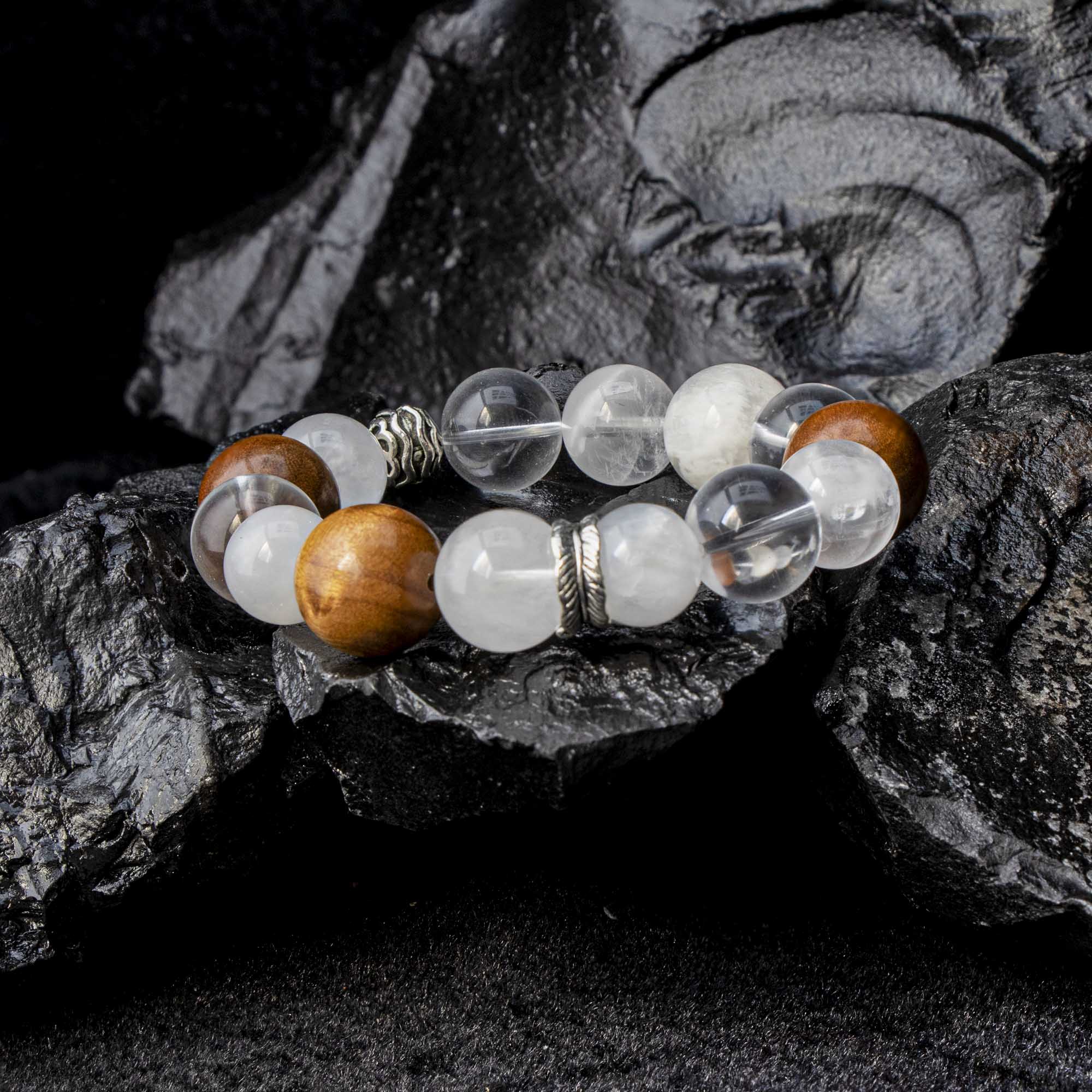 Auralyn Custom Feathered Clarity White Phantom & Clear Quartz Bracelet, 13–14mm Quartz with 15–16mm Golden Phoebe Wood, Tibetan-Silver Feather Spacer & Rings, Handmade Energy Jewelry for Renewal, Clarity & Grounding