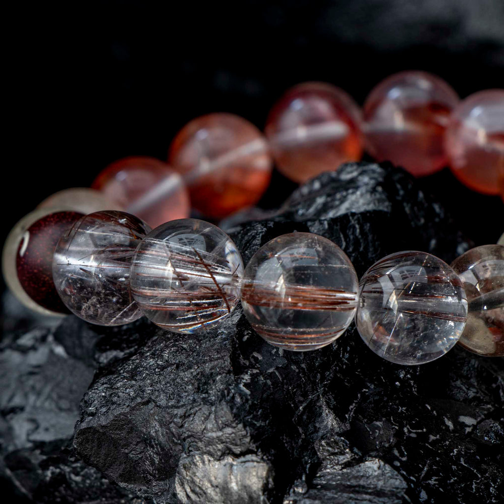 Auralyn Aries Flame Bloom Crystal Bracelet, 13–14mm Red Flower Agate, Red & Venus Rutilated Quartz, Rabbit Hair Quartz, Sterling Silver Aries Bead, Handmade Zodiac Energy Jewelry