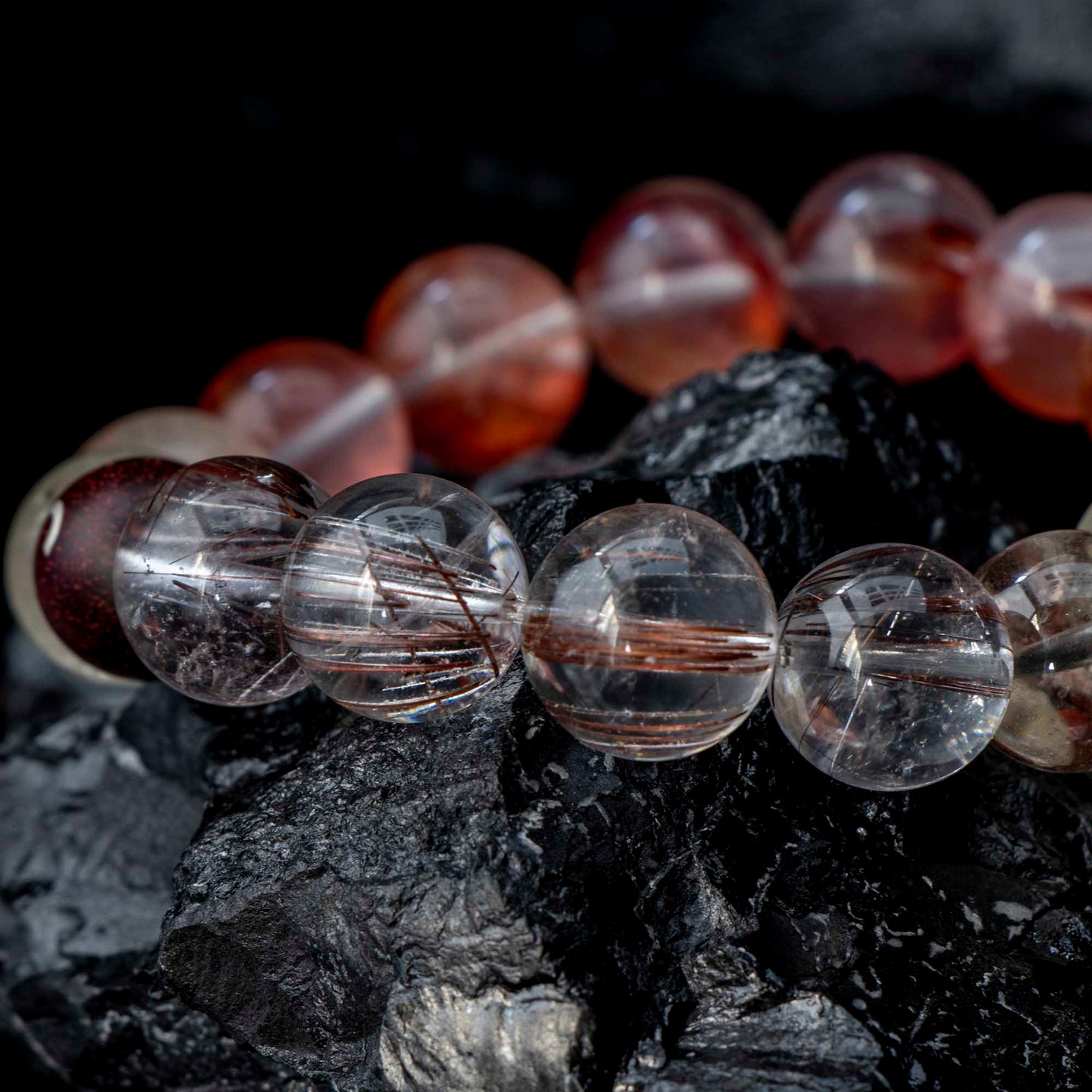 Auralyn Aries Flame Bloom Crystal Bracelet, 13–14mm Red Flower Agate, Red & Venus Rutilated Quartz, Rabbit Hair Quartz, Sterling Silver Aries Bead, Handmade Zodiac Energy Jewelry