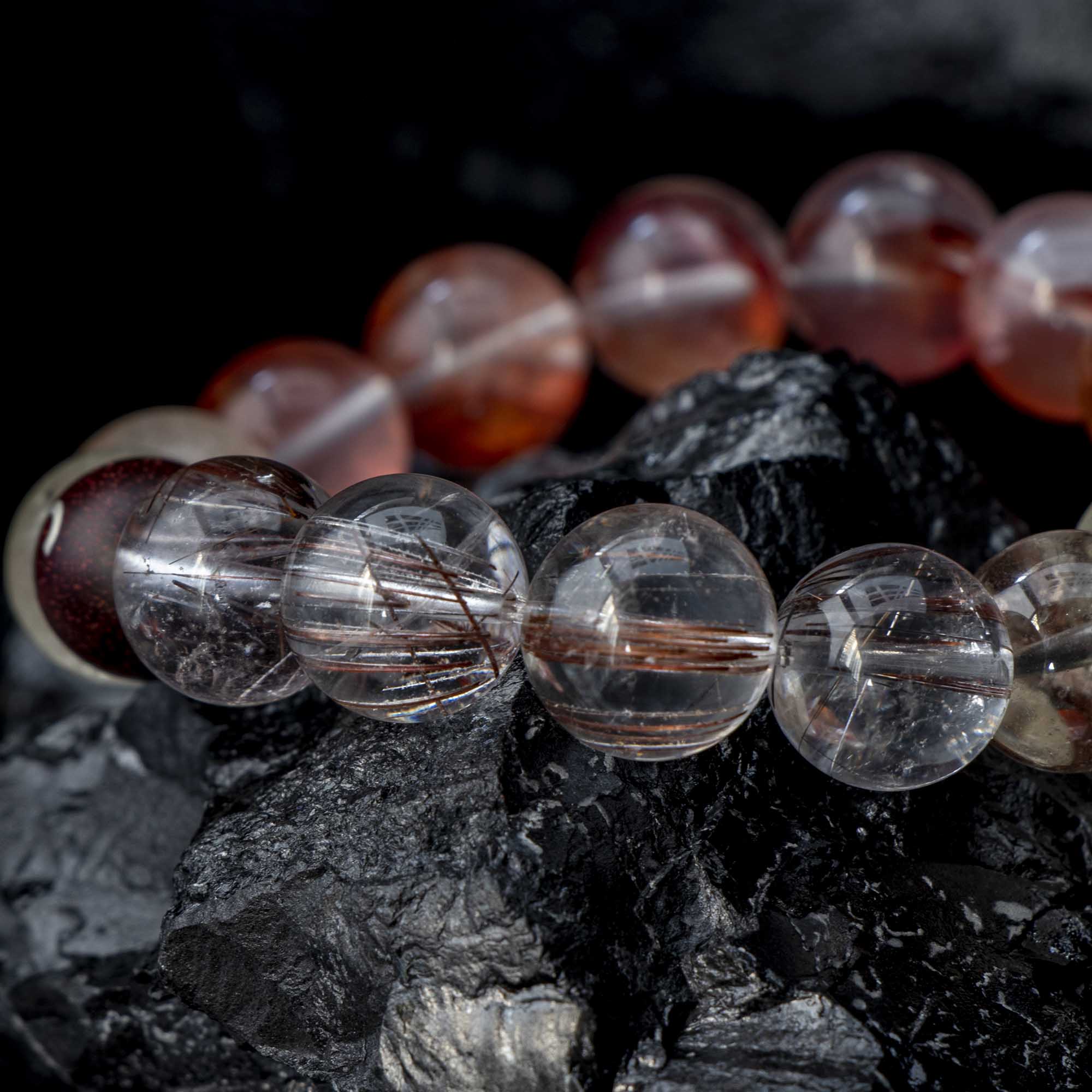 Auralyn Aries Flame Bloom Crystal Bracelet, 13–14mm Red Flower Agate, Red & Venus Rutilated Quartz, Rabbit Hair Quartz, Sterling Silver Aries Bead, Handmade Zodiac Energy Jewelry