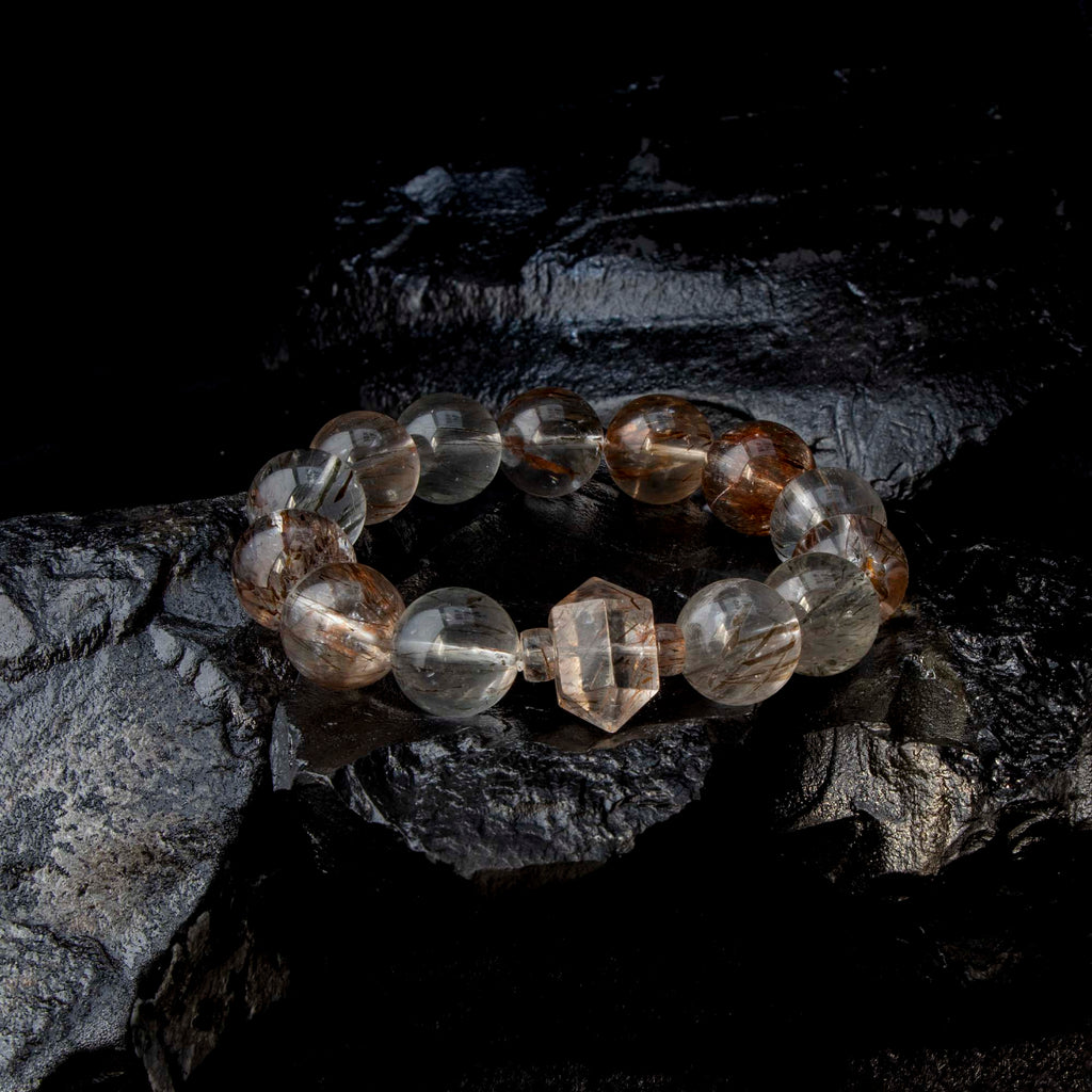 Auralyn Tarot The Magician Black-Gold Super Seven Crystal Bracelet, 13–14mm Super Seven with Tourmaline Rutilated Quartz & Raw Irregular Super Seven Accent, Natural Minerals, Handmade Energy Jewelry