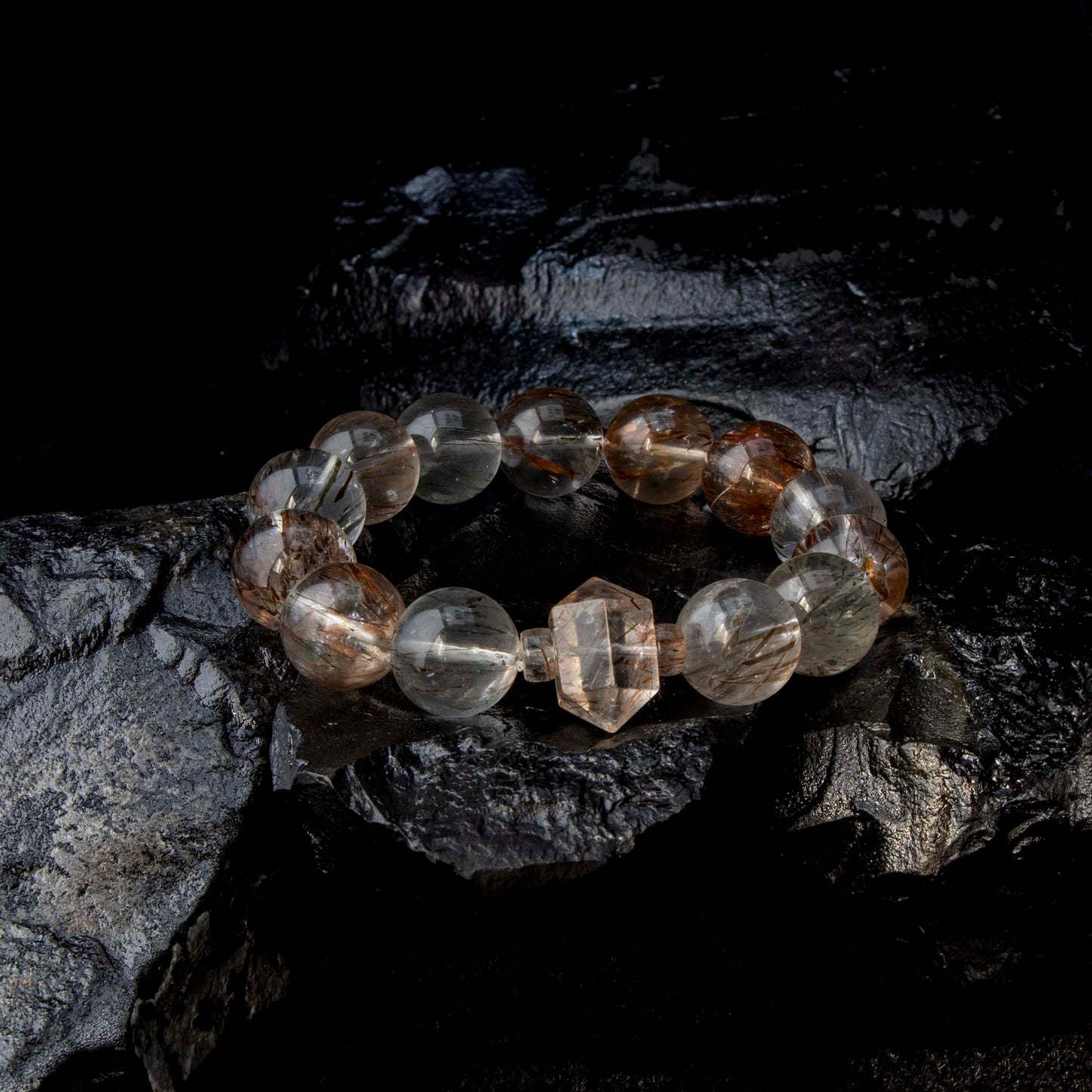 Auralyn Tarot The Magician Black-Gold Super Seven Crystal Bracelet, 13–14mm Super Seven with Tourmaline Rutilated Quartz & Raw Irregular Super Seven Accent, Natural Minerals, Handmade Energy Jewelry