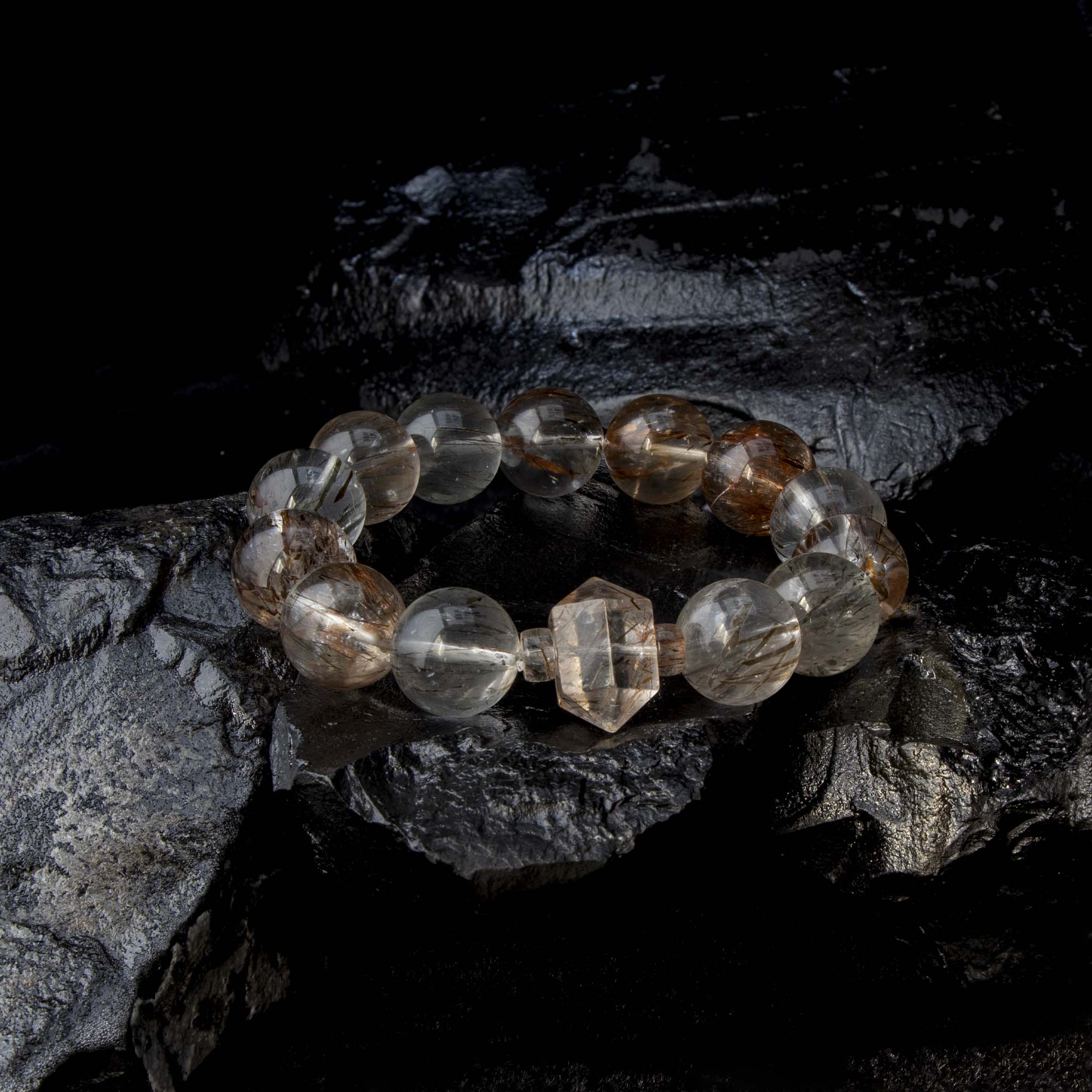 Auralyn Tarot The Magician Black-Gold Super Seven Crystal Bracelet, 13–14mm Super Seven with Tourmaline Rutilated Quartz & Raw Irregular Super Seven Accent, Natural Minerals, Handmade Energy Jewelry