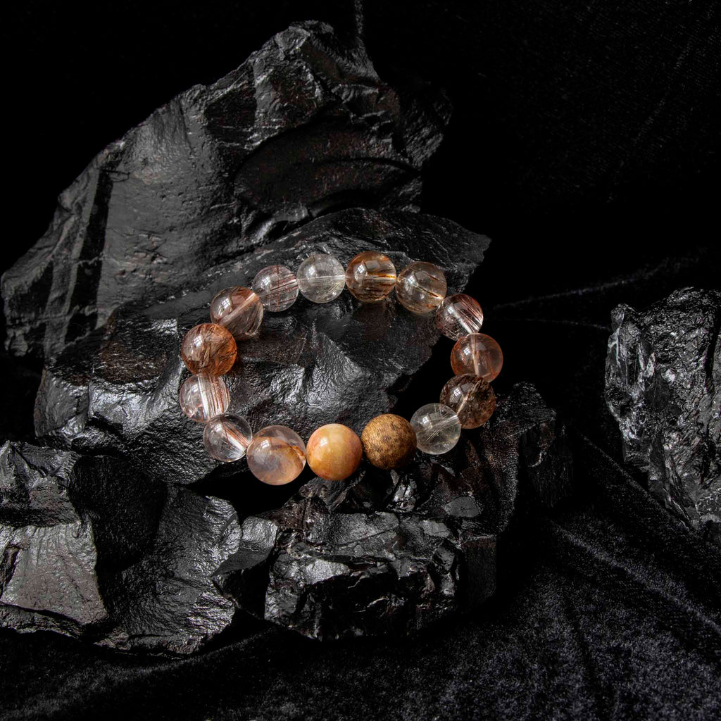 Auralyn Life Rhythm Blooming Flame Crystal Bracelet, 13–14mm Flower Agate, Red & Silver Rutilated Quartz with Natural Agarwood Bead (Subtle Aroma), Handmade Energy Jewelry for Love, Confidence & Grounding