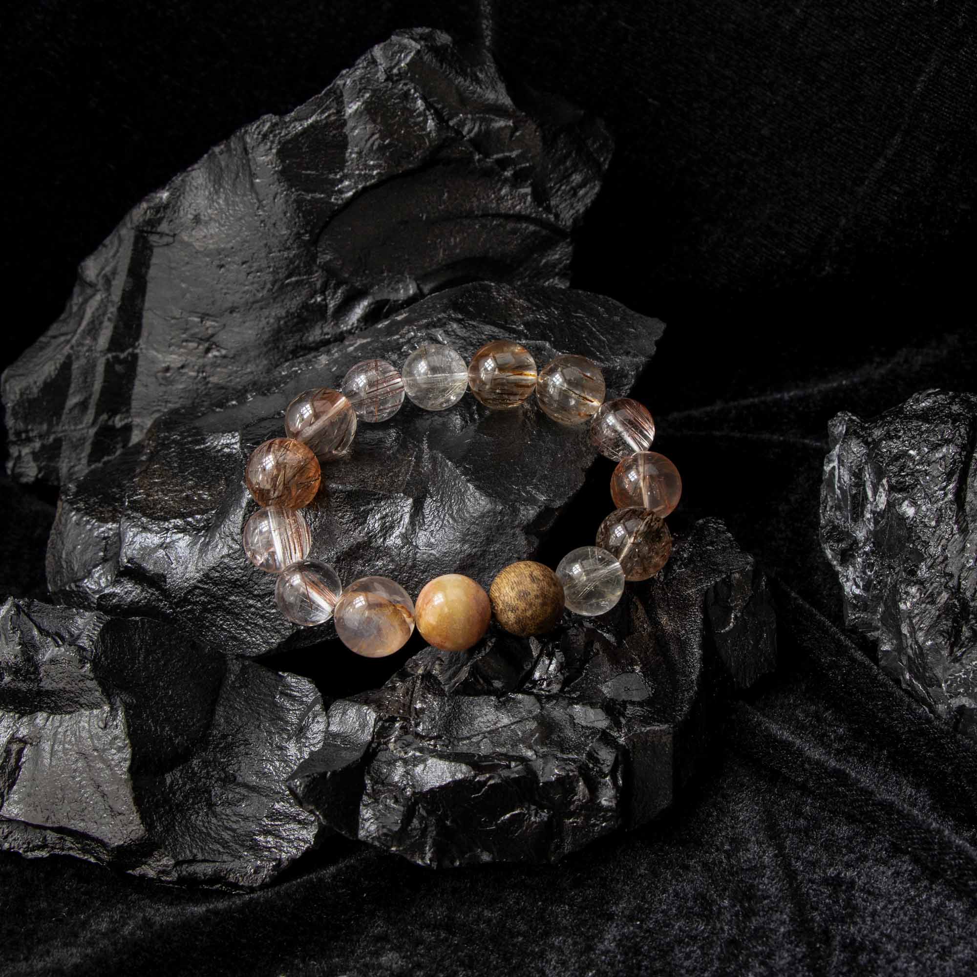 Auralyn Life Rhythm Blooming Flame Crystal Bracelet, 13–14mm Flower Agate, Red & Silver Rutilated Quartz with Natural Agarwood Bead (Subtle Aroma), Handmade Energy Jewelry for Love, Confidence & Grounding