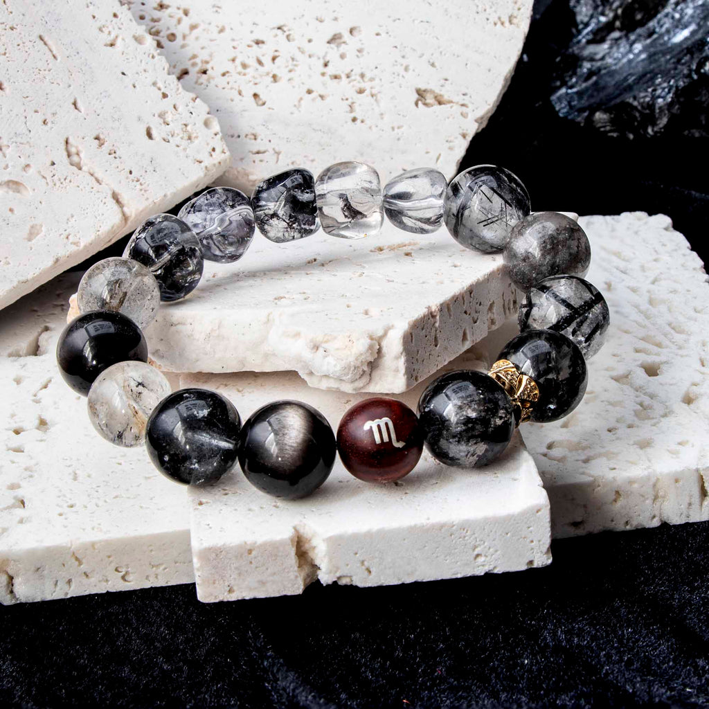 Auralyn Virgo Precision Shield Crystal Bracelet, 13–14mm Silver Obsidian, Black Labradorite, Herkimer Diamond & Black Rutilated Quartz with Gold-Plated Spacers and Sterling Silver Virgo Inlaid Bead, Handmade Zodiac Energy Jewelry