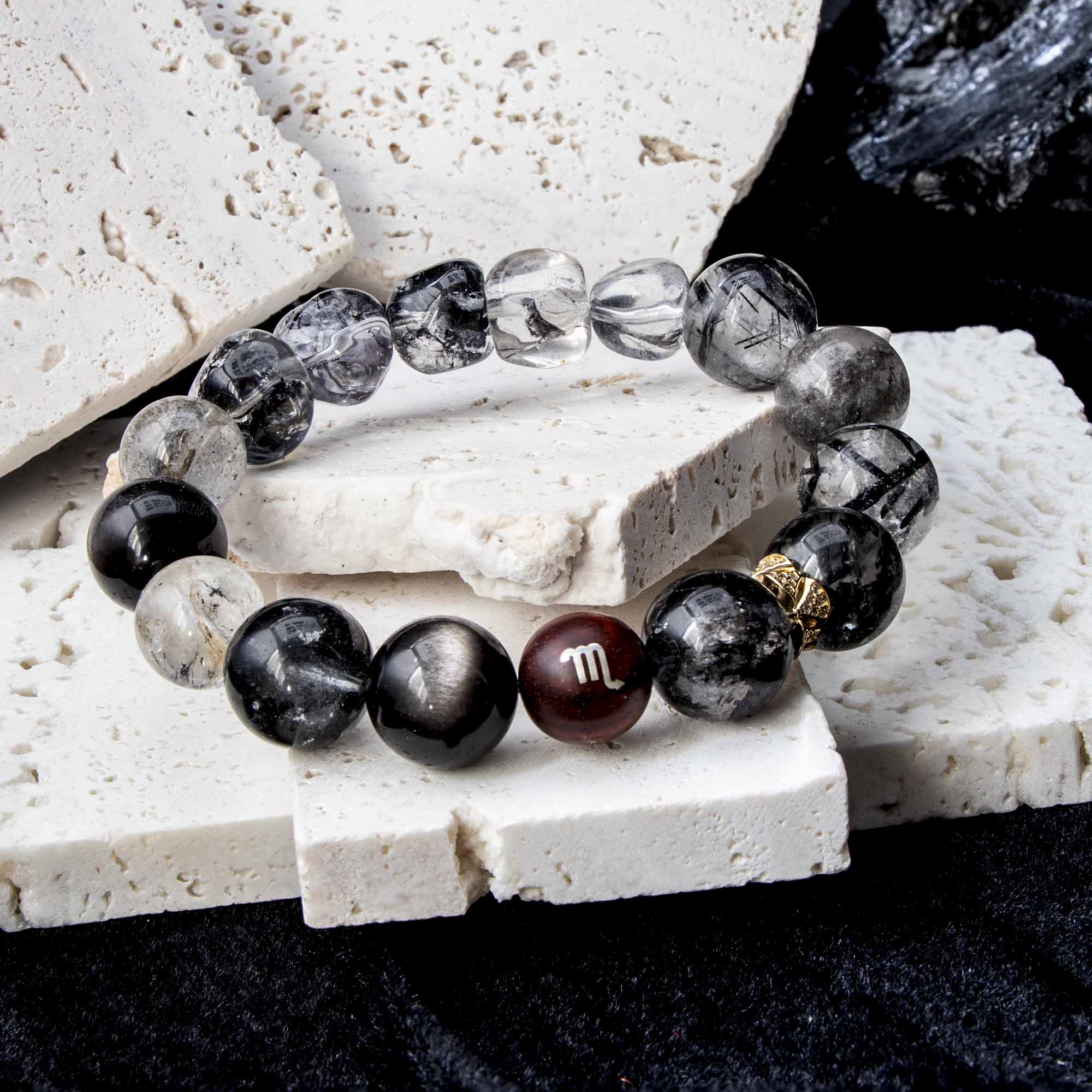 Auralyn Virgo Precision Shield Crystal Bracelet, 13–14mm Silver Obsidian, Black Labradorite, Herkimer Diamond & Black Rutilated Quartz with Gold-Plated Spacers and Sterling Silver Virgo Inlaid Bead, Handmade Zodiac Energy Jewelry