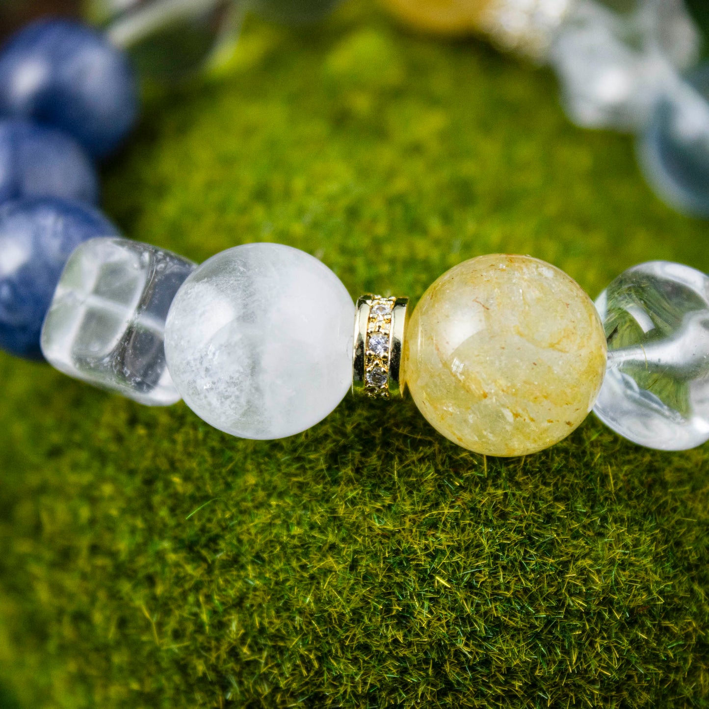 Auralyn Tarot Temperance Blue–Gold Crystal Bracelet, 13–14mm Kyanite, Aquamarine, White Phantom & Citrine with Golden Flower Agate, Herkimer-Style Irregular & Sugar-Cube Accents, Gold-Plated Spacers, Handmade Energy Jewelry