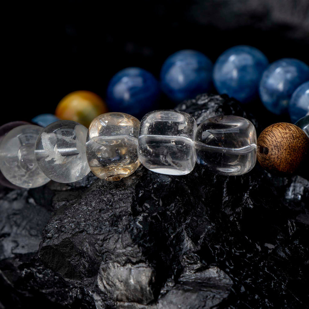 Auralyn Gemini Celestial Flow Crystal Bracelet, 13–14mm Kyanite, Blue Tiger Eye, Aquamarine, White Phantom, Clear Quartz & Herkimer Diamond with 9mm Agarwood and Sterling Silver Gemini Bead, Handmade Zodiac Energy Jewelry