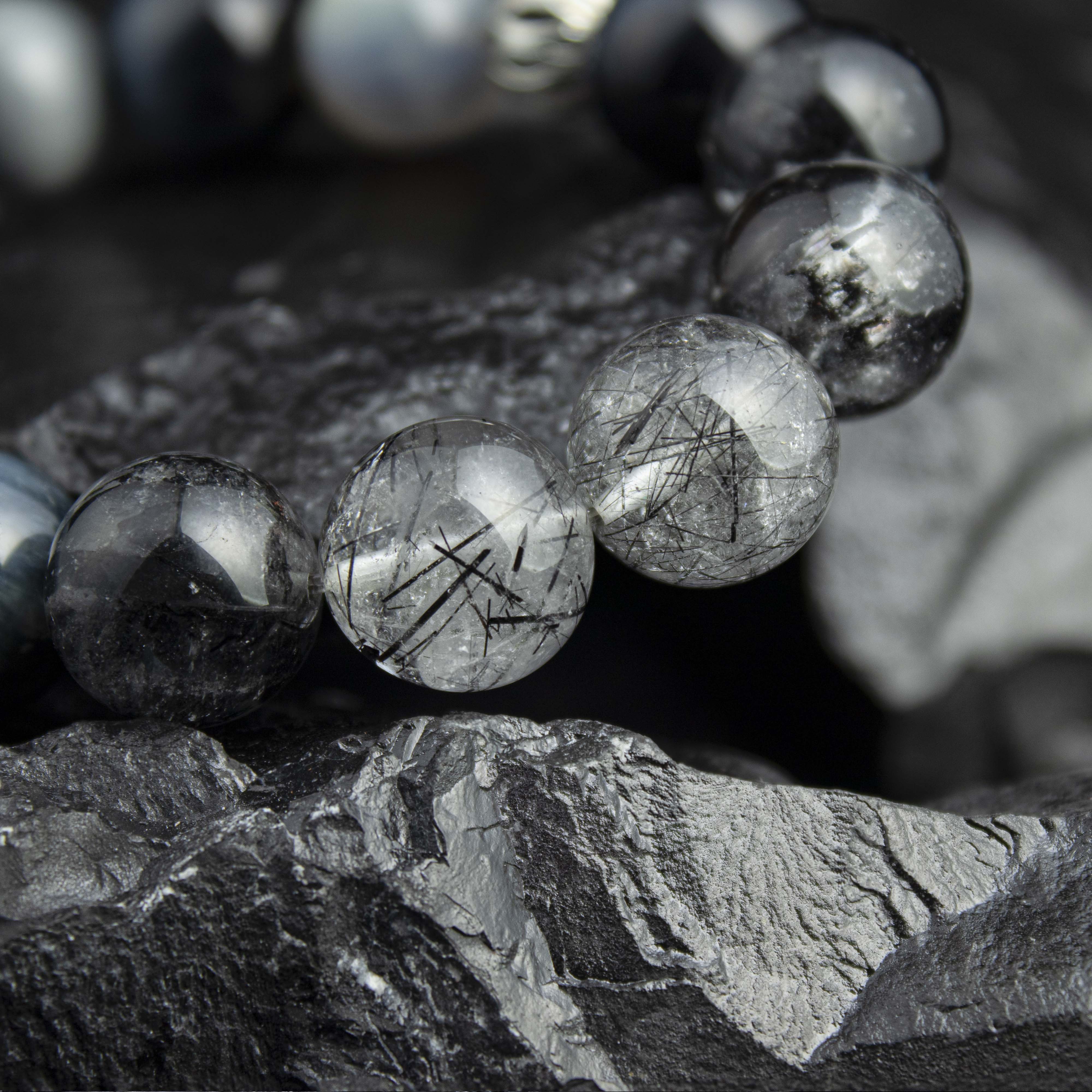 Abyssal Meridian Bracelet – Blue Tiger’s Eye, Black Rutilated, Sparkle Quartz & Gray Moonstone | 13–14mm Handmade Gift