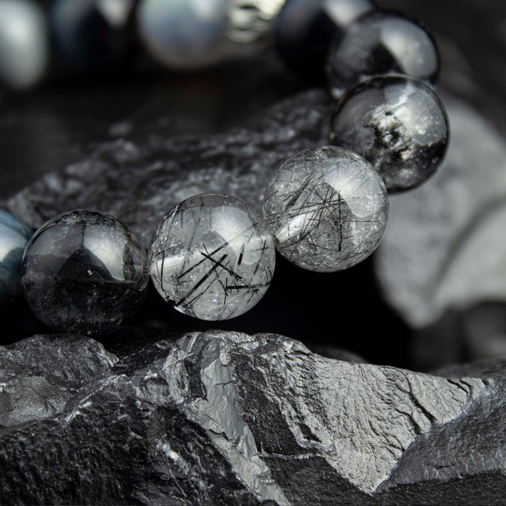 Abyssal Meridian Bracelet – Blue Tiger’s Eye, Black Rutilated, Sparkle Quartz & Gray Moonstone | 13–14mm Handmade Gift