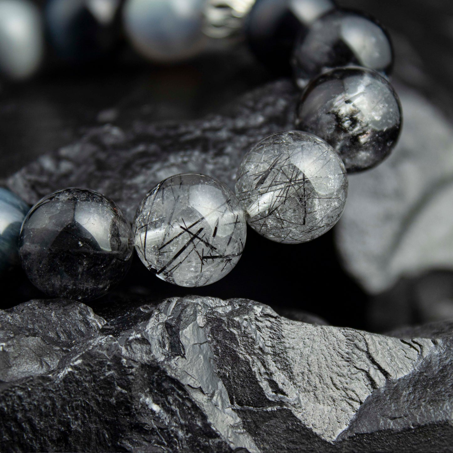 Abyssal Meridian Bracelet – Blue Tiger’s Eye, Black Rutilated, Sparkle Quartz & Gray Moonstone | 13–14mm Handmade Gift