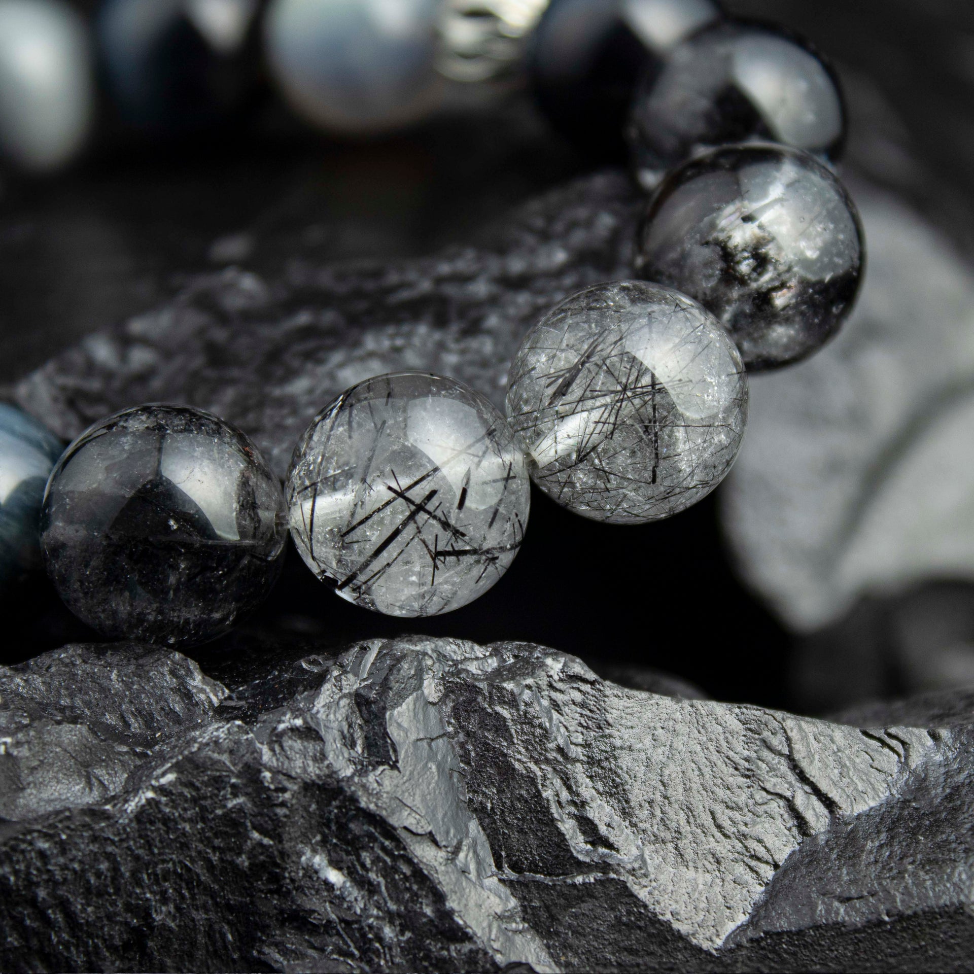 Abyssal Meridian Bracelet – Blue Tiger’s Eye, Black Rutilated, Sparkle Quartz & Gray Moonstone | 13–14mm Handmade Gift