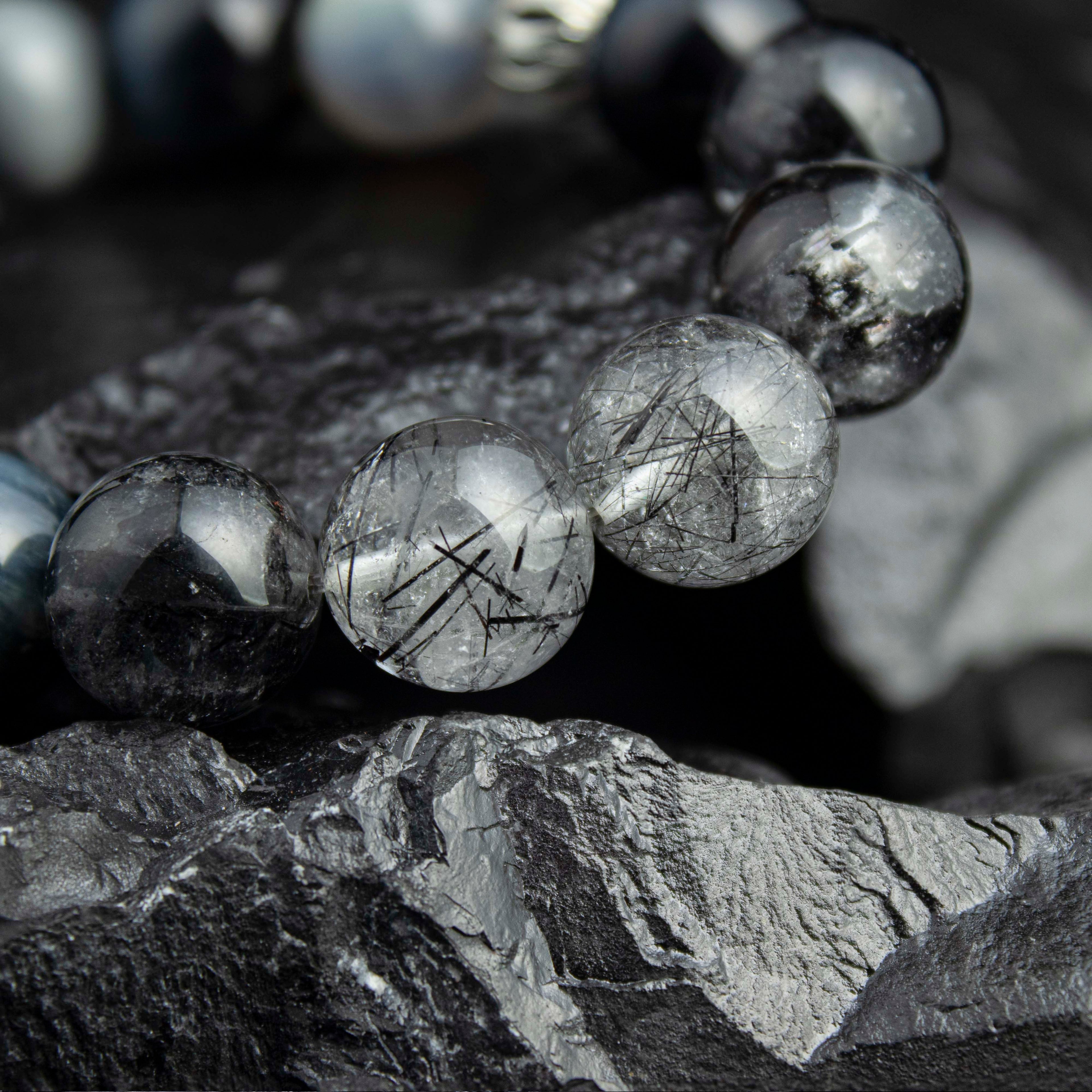 Abyssal Meridian Bracelet – Blue Tiger’s Eye, Black Rutilated, Sparkle Quartz & Gray Moonstone | 13–14mm Handmade Gift