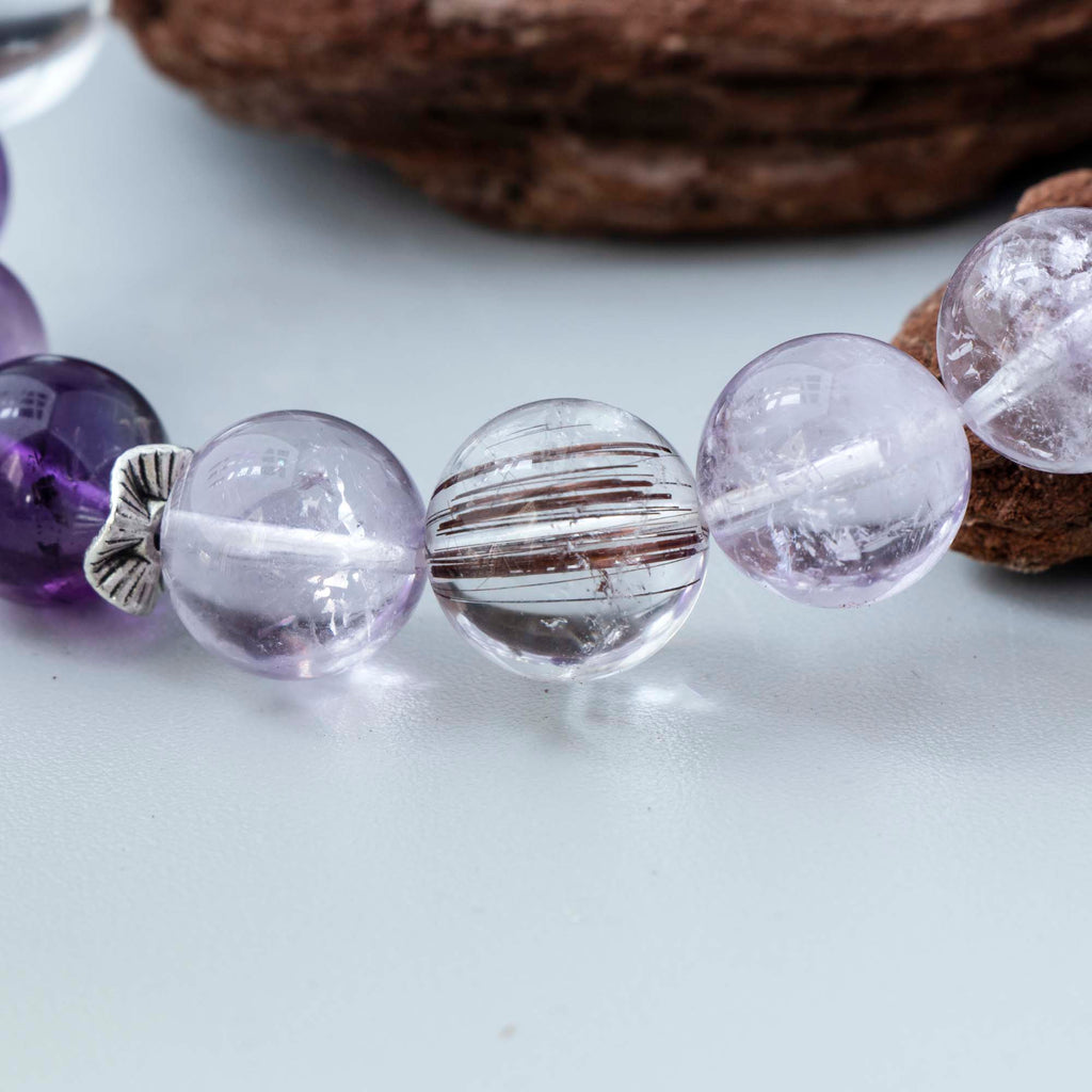 Auralyn Celestial Aura Amethyst Crystal Bracelet with Red Rutilated Quartz & Clear Quartz, 13–14mm Handmade Energy Beads, Tibetan Silver Accents, Emotional Healing & Spiritual Growth
