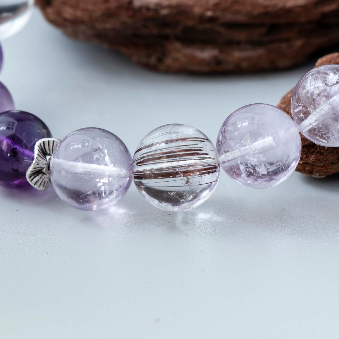 Auralyn Celestial Aura Amethyst Crystal Bracelet with Red Rutilated Quartz & Clear Quartz, 13–14mm Handmade Energy Beads, Tibetan Silver Accents, Emotional Healing & Spiritual Growth
