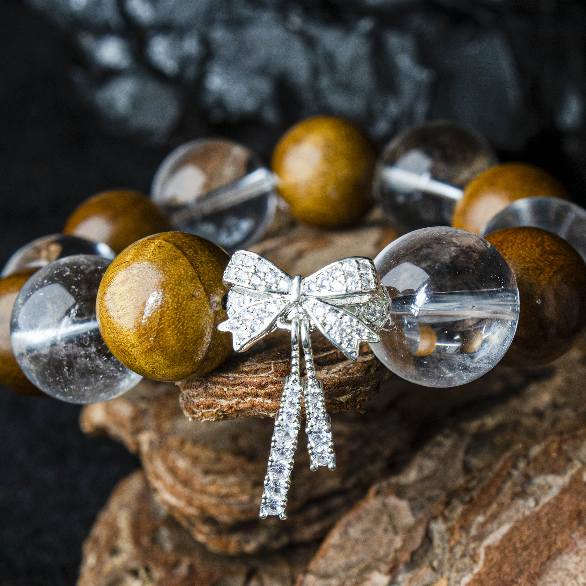 Auralyn Healing Butterfly Serenity Clear Quartz & Golden Phoebe Wood Bracelet, 16–17mm Natural Clear Quartz Beads with Silver-Plated Butterfly Charm, Handmade Mood-Healing Energy Jewelry for Clarity, Calm & Grounding