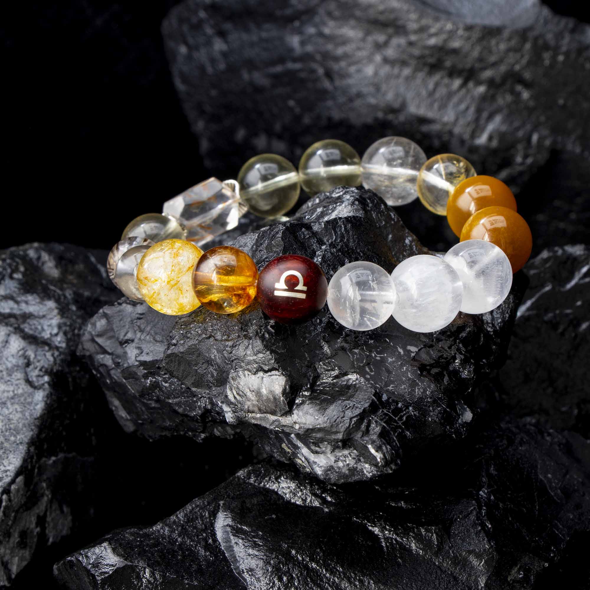 Auralyn Libra Golden Balance Super Seven Crystal Bracelet, 13–14mm Super Seven with Citrine, Flower Agate (Golden/Orange), White Phantom Quartz & Tiger’s Eye, Raw Mineral Accent, Sterling-Silver Inlaid Libra Redwood Bead, Handmade