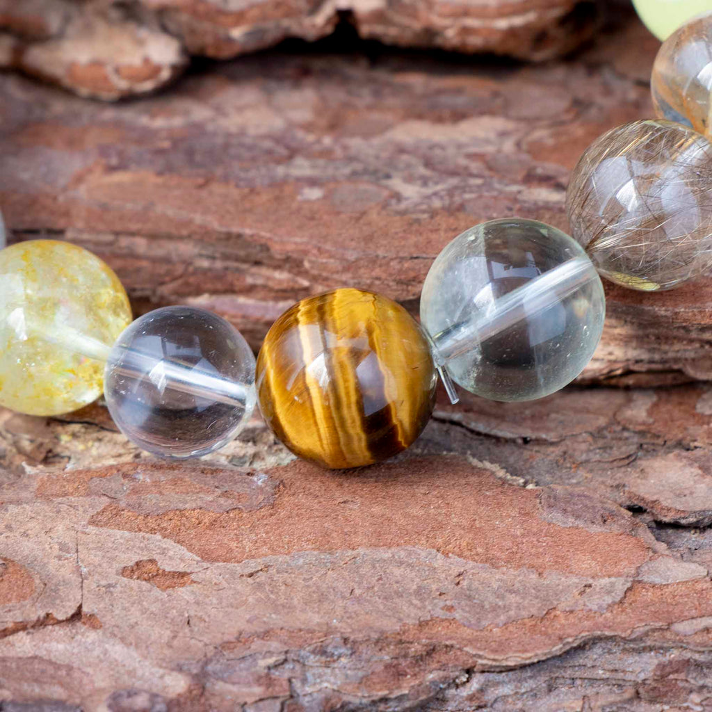 Auralyn Life Rhythm Ground & Glow Crystal Bracelet, 13–14mm Smoky Quartz, Green Quartz, Actinolite & Tourmaline Rutilated Quartz, Flower Agate, Amber, Tiger’s Eye & Red Rutilated, Handmade Energy Jewelry