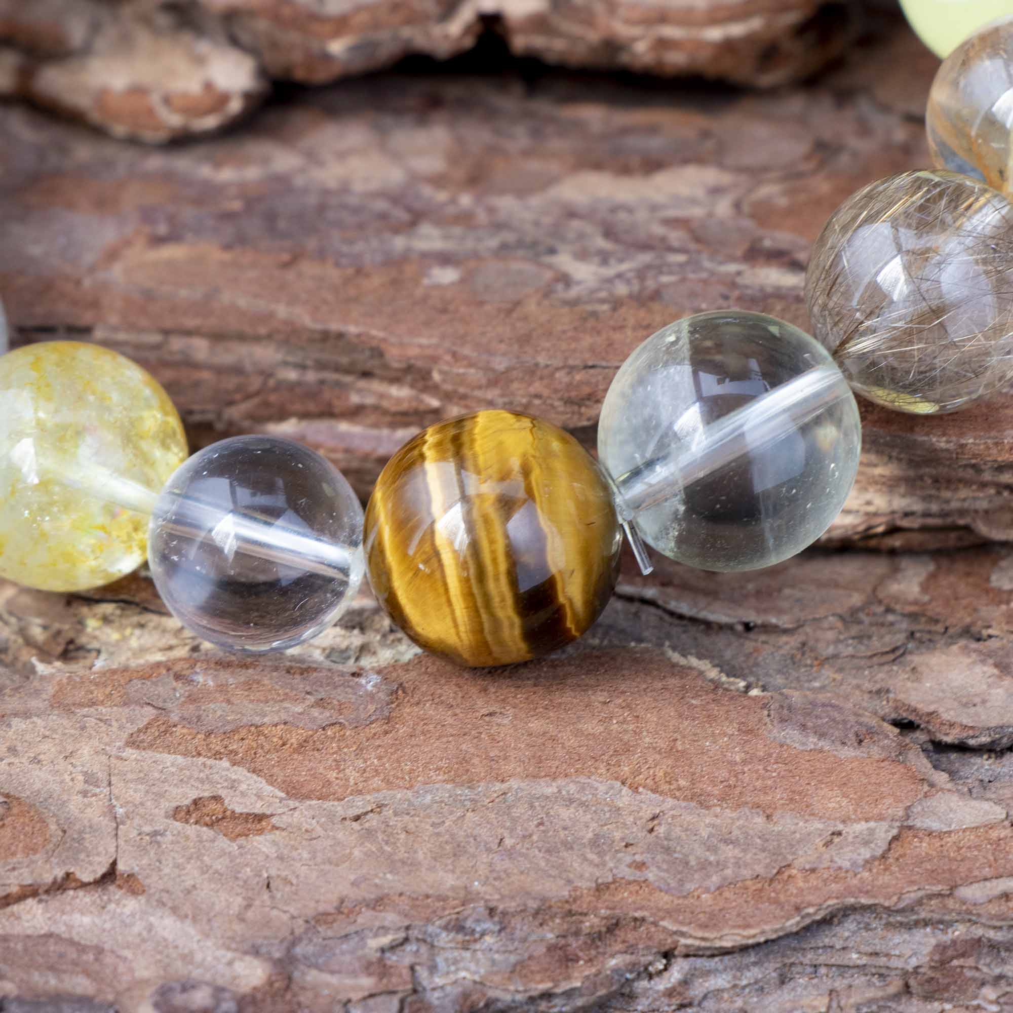 Auralyn Life Rhythm Ground & Glow Crystal Bracelet, 13–14mm Smoky Quartz, Green Quartz, Actinolite & Tourmaline Rutilated Quartz, Flower Agate, Amber, Tiger’s Eye & Red Rutilated, Handmade Energy Jewelry