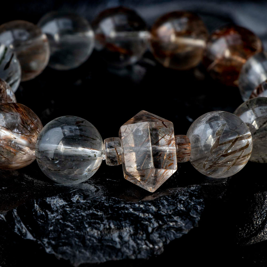 Auralyn Tarot The Magician Black-Gold Super Seven Crystal Bracelet, 13–14mm Super Seven with Tourmaline Rutilated Quartz & Raw Irregular Super Seven Accent, Natural Minerals, Handmade Energy Jewelry