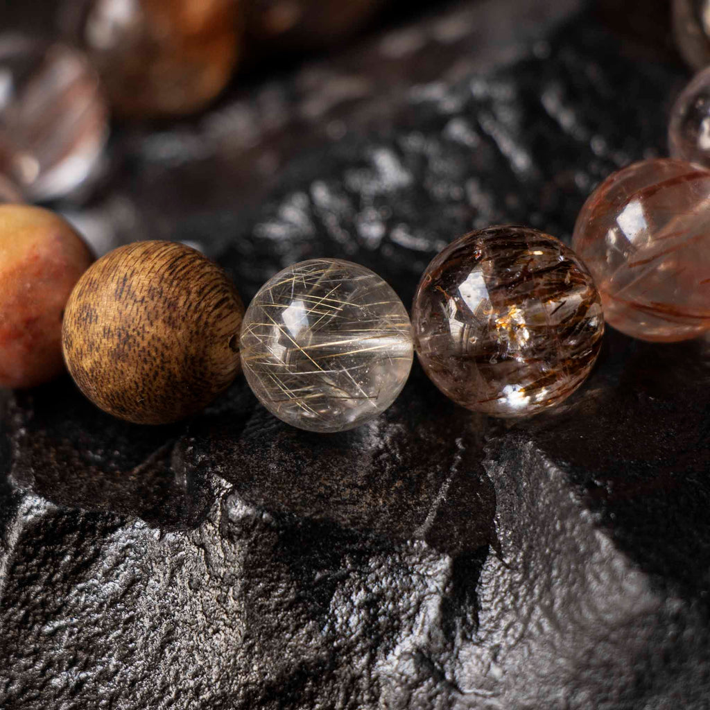 Auralyn Life Rhythm Blooming Flame Crystal Bracelet, 13–14mm Flower Agate, Red & Silver Rutilated Quartz with Natural Agarwood Bead (Subtle Aroma), Handmade Energy Jewelry for Love, Confidence & Grounding