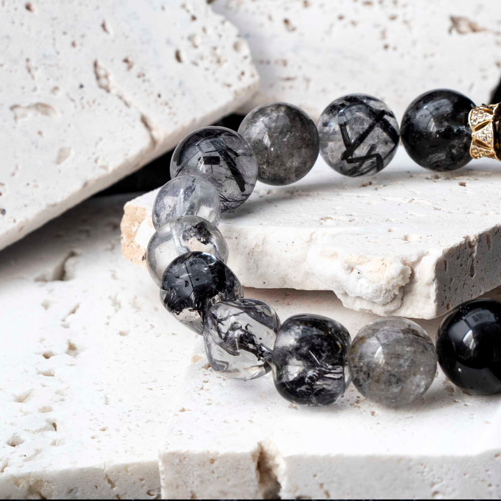 Auralyn Virgo Precision Shield Crystal Bracelet, 13–14mm Silver Obsidian, Black Labradorite, Herkimer Diamond & Black Rutilated Quartz with Gold-Plated Spacers and Sterling Silver Virgo Inlaid Bead, Handmade Zodiac Energy Jewelry