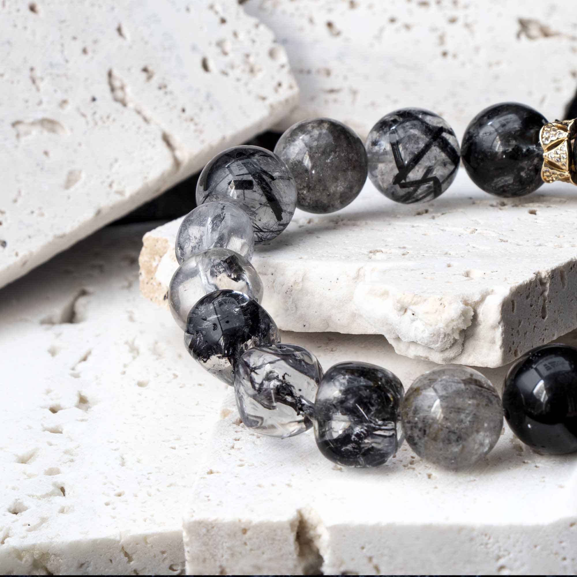 Auralyn Virgo Precision Shield Crystal Bracelet, 13–14mm Silver Obsidian, Black Labradorite, Herkimer Diamond & Black Rutilated Quartz with Gold-Plated Spacers and Sterling Silver Virgo Inlaid Bead, Handmade Zodiac Energy Jewelry