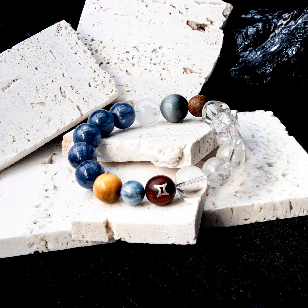 Auralyn Gemini Celestial Flow Crystal Bracelet, 13–14mm Kyanite, Blue Tiger Eye, Aquamarine, White Phantom, Clear Quartz & Herkimer Diamond with 9mm Agarwood and Sterling Silver Gemini Bead, Handmade Zodiac Energy Jewelry