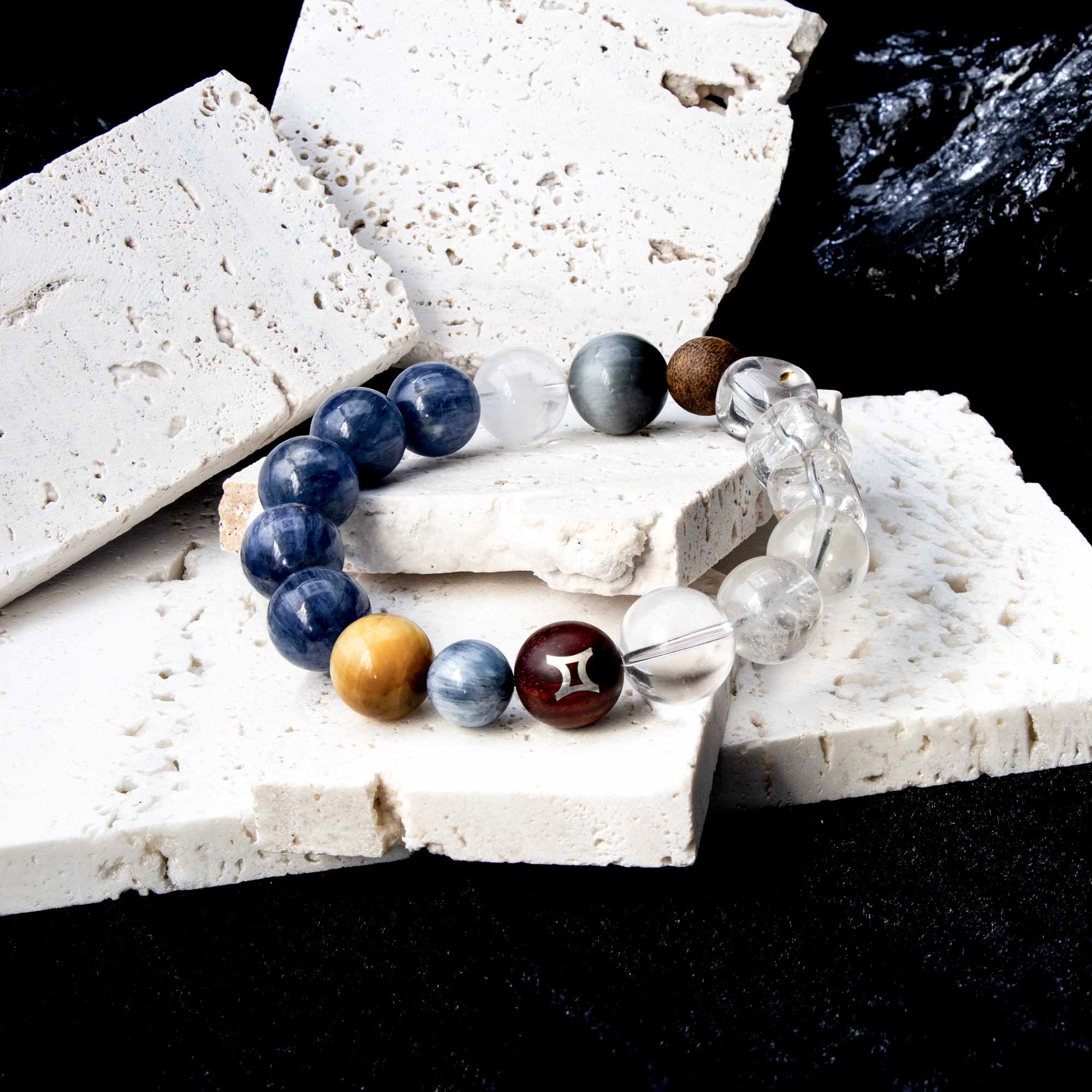 Auralyn Gemini Celestial Flow Crystal Bracelet, 13–14mm Kyanite, Blue Tiger Eye, Aquamarine, White Phantom, Clear Quartz & Herkimer Diamond with 9mm Agarwood and Sterling Silver Gemini Bead, Handmade Zodiac Energy Jewelry