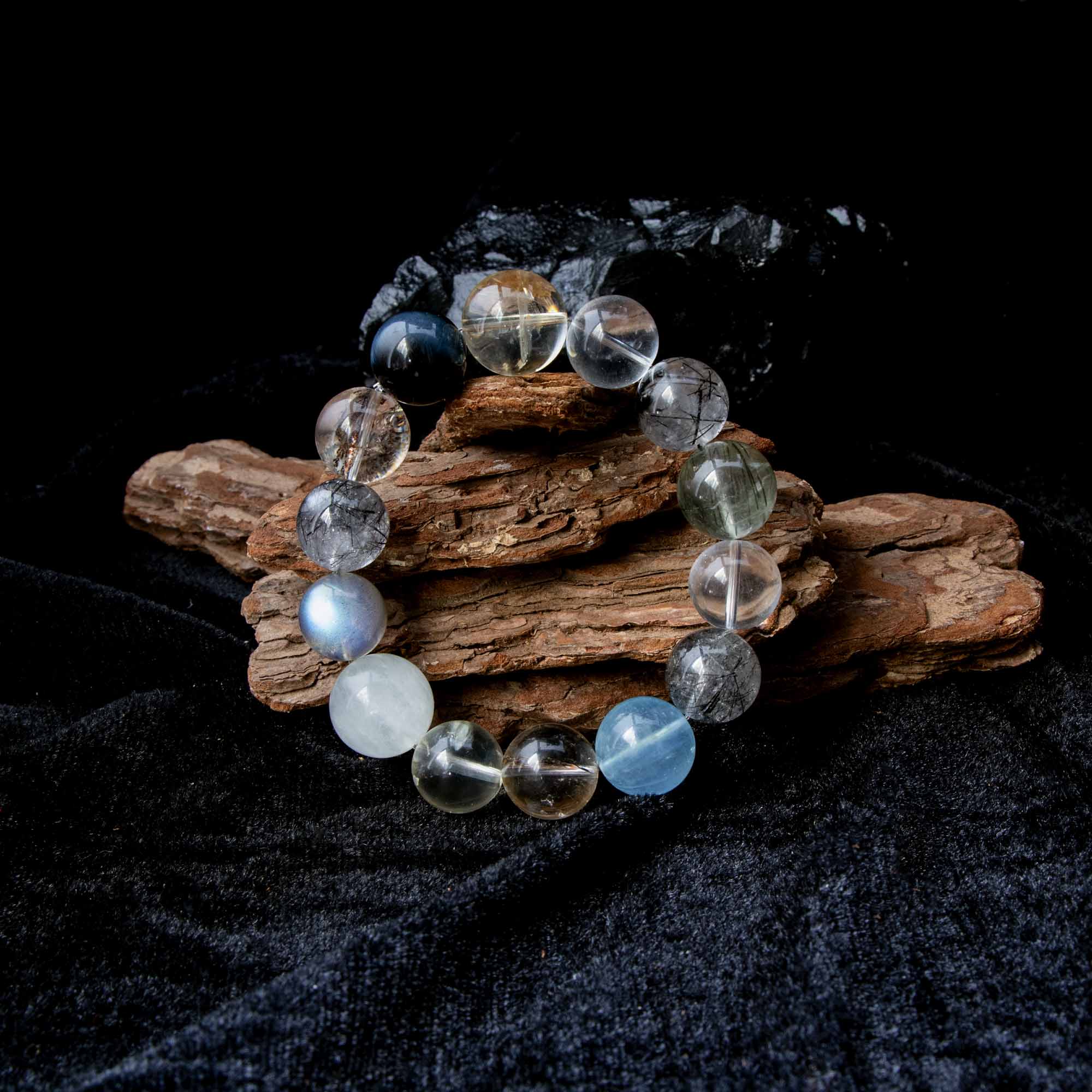 Auralyn Tarot The Chariot Growth & Flow Crystal Bracelet, 13–15mm Green & Black Rutilated Quartz with Clear Quartz, Gold-Foil Flower Agate, White Phantom, Aquamarine & Blue Tiger Eye, Handmade