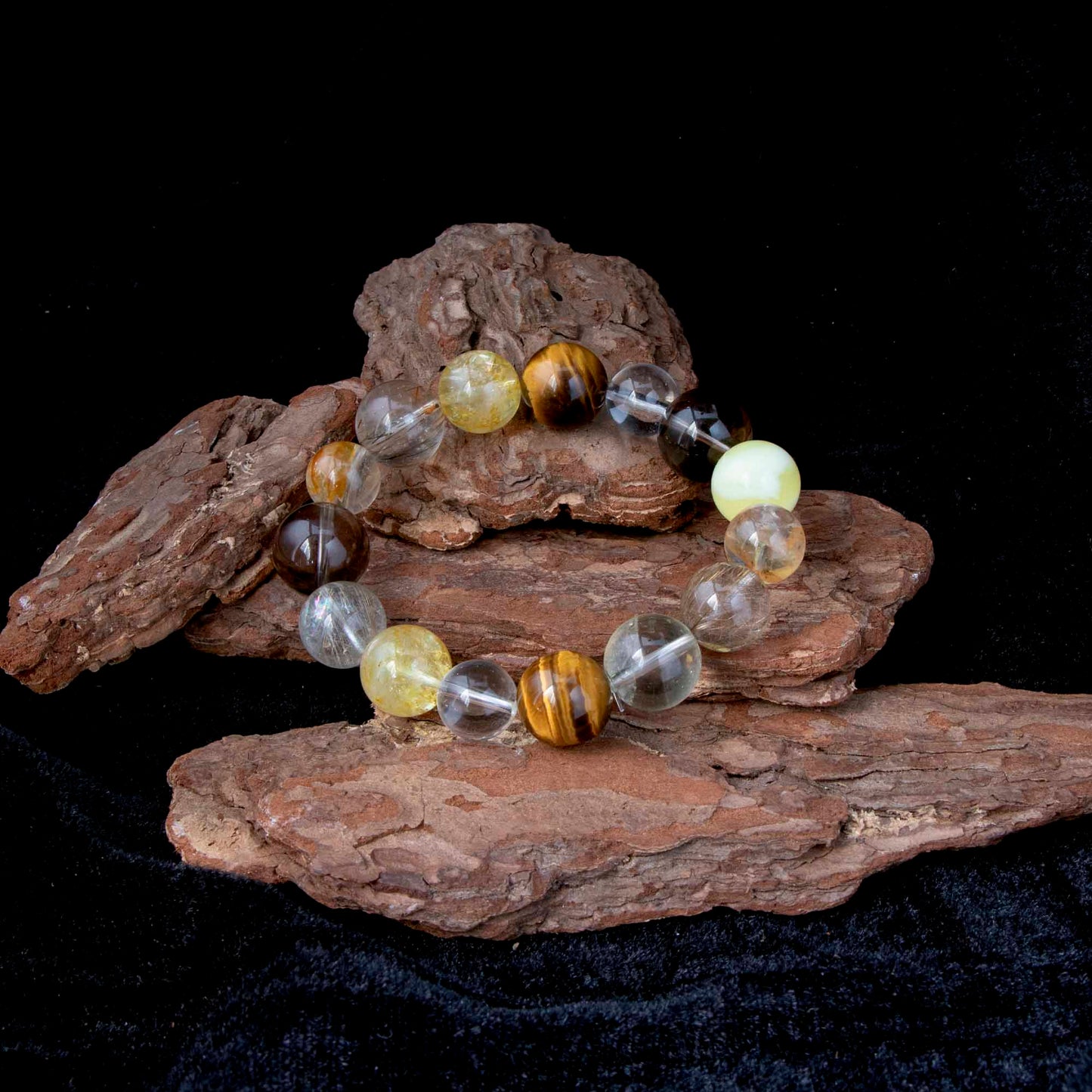 Auralyn Life Rhythm Ground & Glow Crystal Bracelet, 13–14mm Smoky Quartz, Green Quartz, Actinolite & Tourmaline Rutilated Quartz, Flower Agate, Amber, Tiger’s Eye & Red Rutilated, Handmade Energy Jewelry