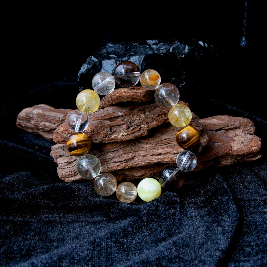 Auralyn Life Rhythm Ground & Glow Crystal Bracelet, 13–14mm Smoky Quartz, Green Quartz, Actinolite & Tourmaline Rutilated Quartz, Flower Agate, Amber, Tiger’s Eye & Red Rutilated, Handmade Energy Jewelry