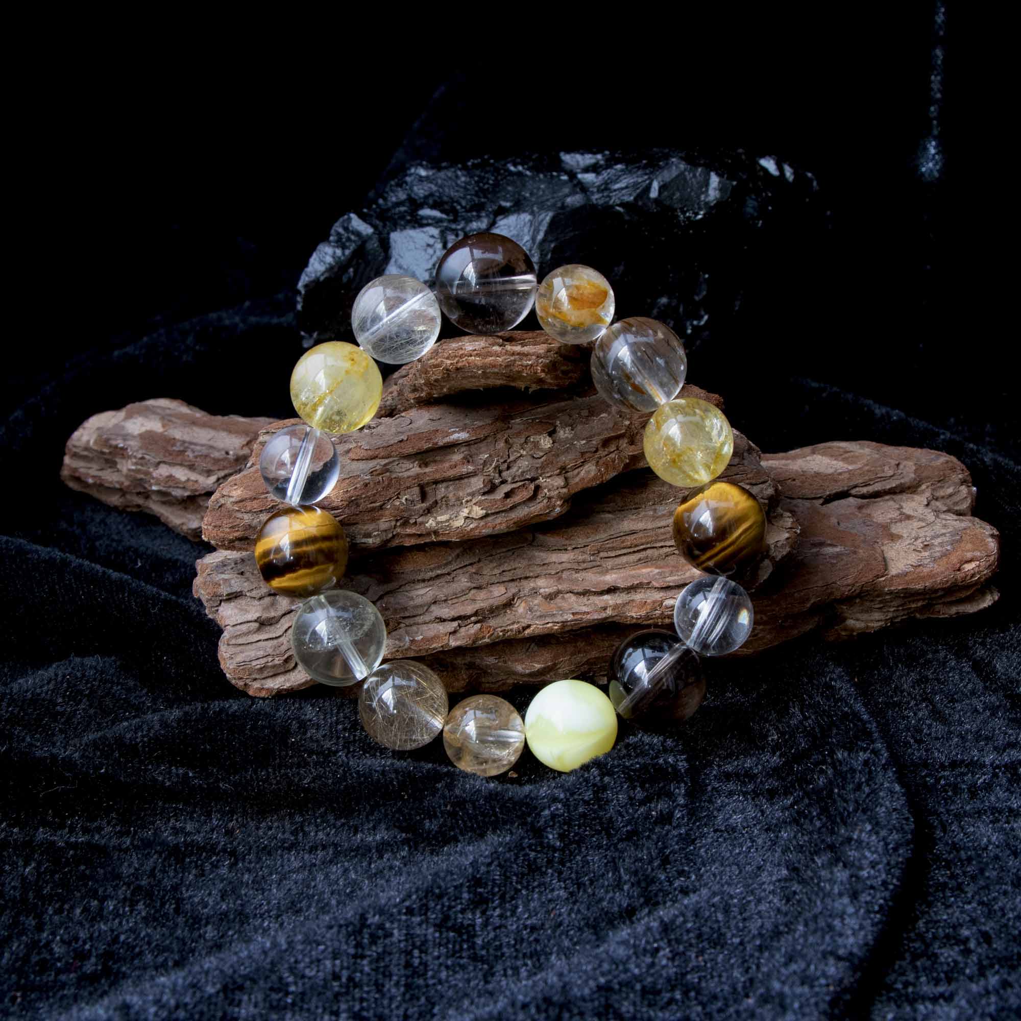 Auralyn Life Rhythm Ground & Glow Crystal Bracelet, 13–14mm Smoky Quartz, Green Quartz, Actinolite & Tourmaline Rutilated Quartz, Flower Agate, Amber, Tiger’s Eye & Red Rutilated, Handmade Energy Jewelry