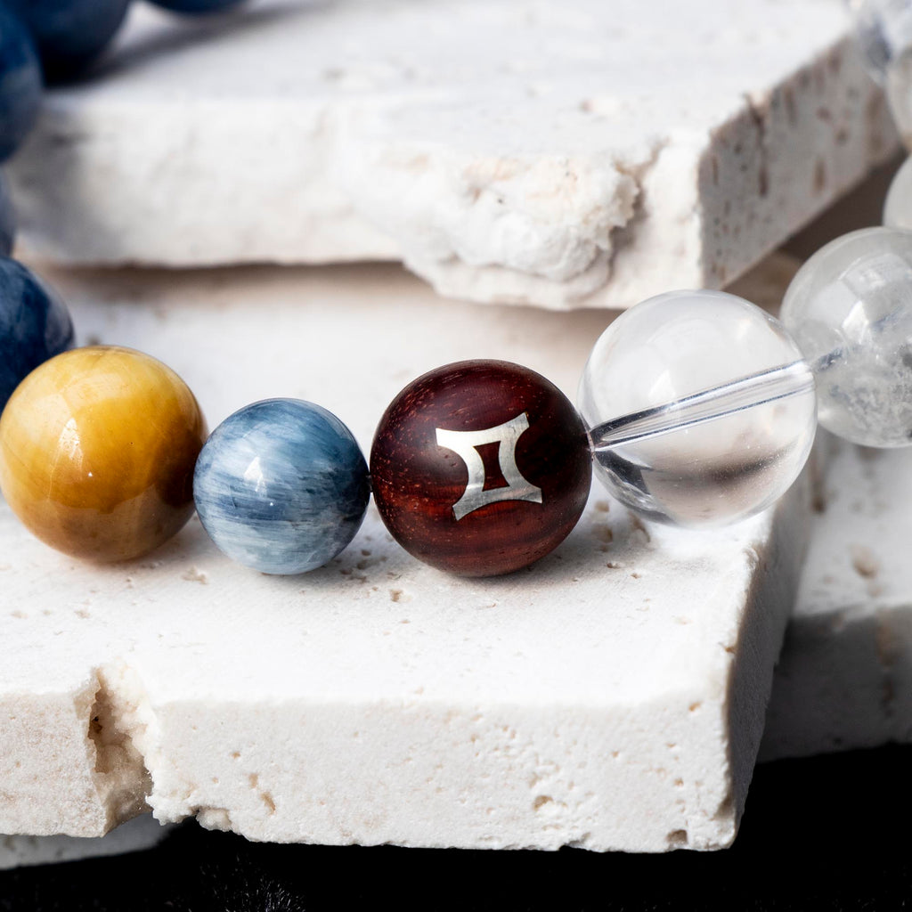 Auralyn Gemini Celestial Flow Crystal Bracelet, 13–14mm Kyanite, Blue Tiger Eye, Aquamarine, White Phantom, Clear Quartz & Herkimer Diamond with 9mm Agarwood and Sterling Silver Gemini Bead, Handmade Zodiac Energy Jewelry