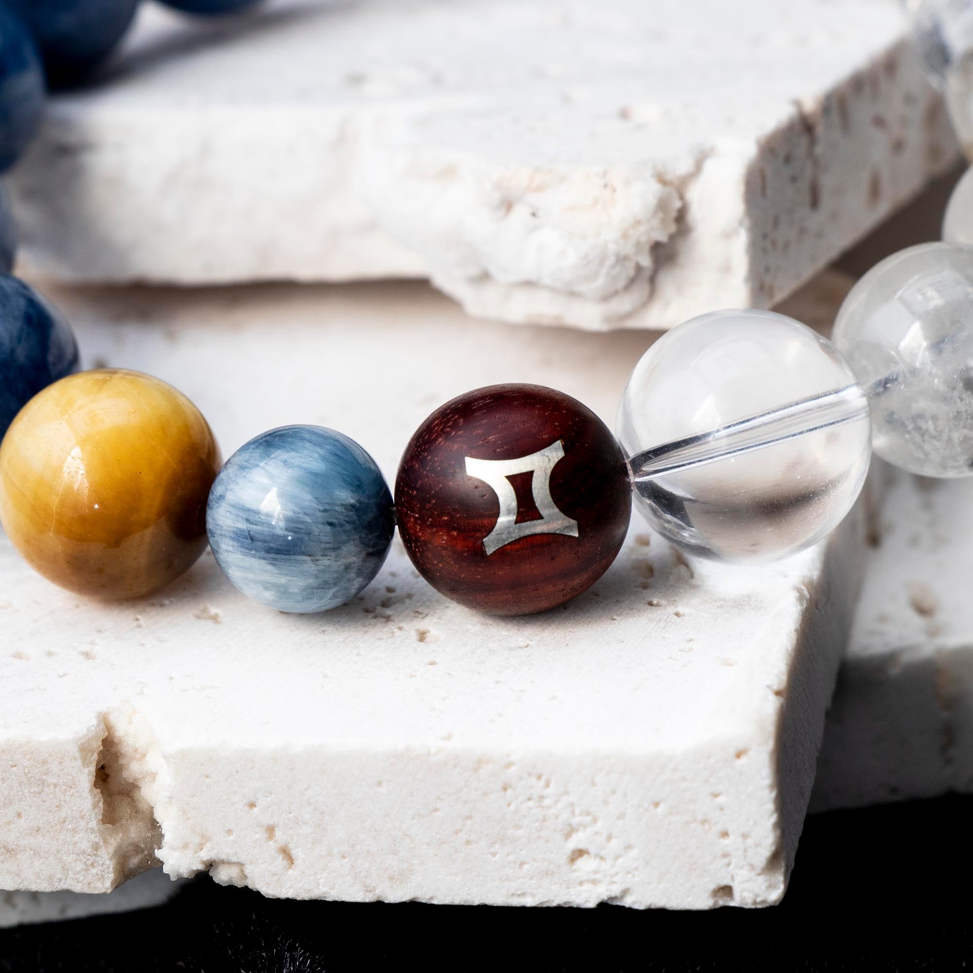 Auralyn Gemini Celestial Flow Crystal Bracelet, 13–14mm Kyanite, Blue Tiger Eye, Aquamarine, White Phantom, Clear Quartz & Herkimer Diamond with 9mm Agarwood and Sterling Silver Gemini Bead, Handmade Zodiac Energy Jewelry