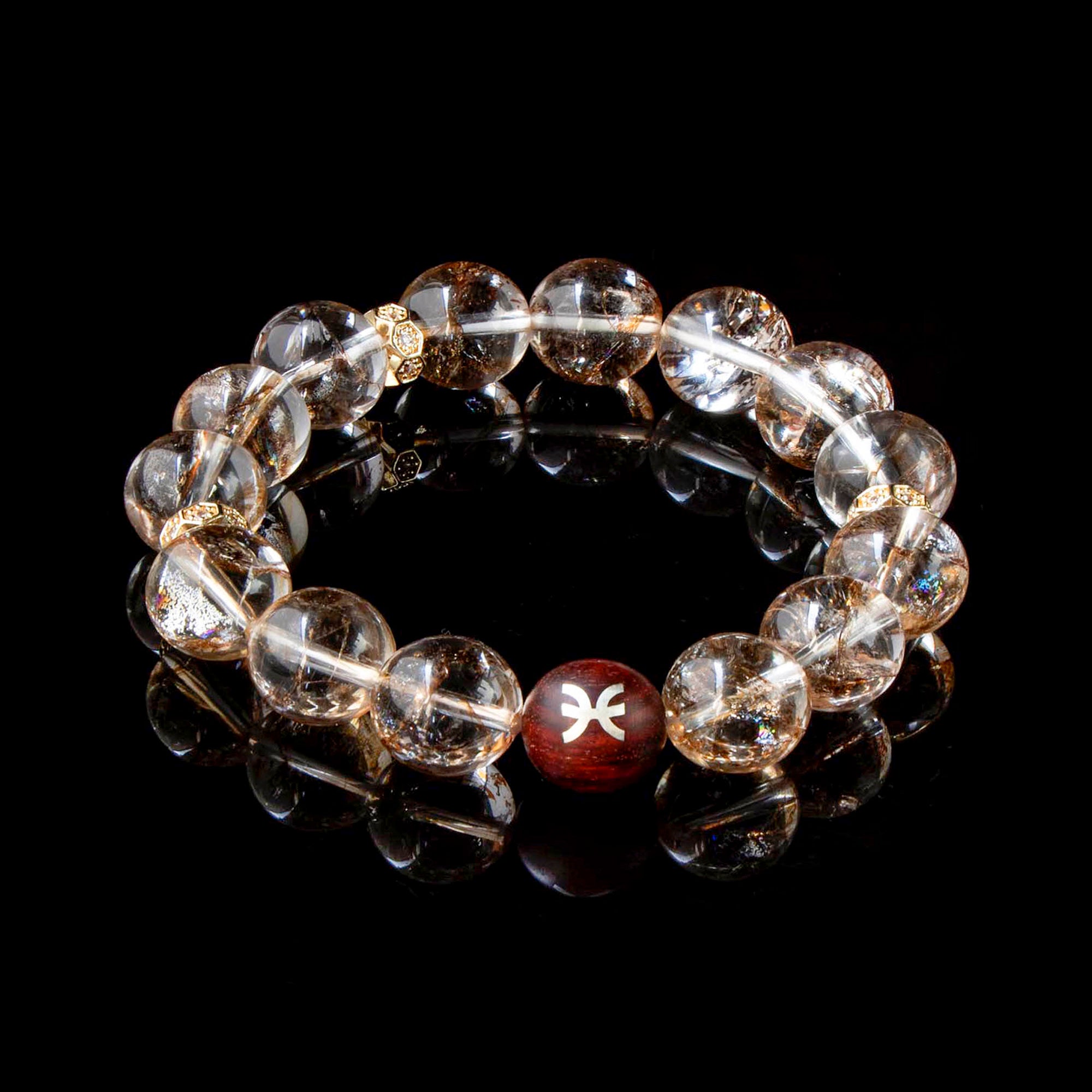 Auralyn Pisces Golden Bloom Crystal Bracelet, 12–13mm Gold-Foil Flower Quartz Beads with Sterling-Silver Inlaid Pisces Redwood Bead, Handmade Zodiac Energy Jewelry for Intuition, Love & Abundance