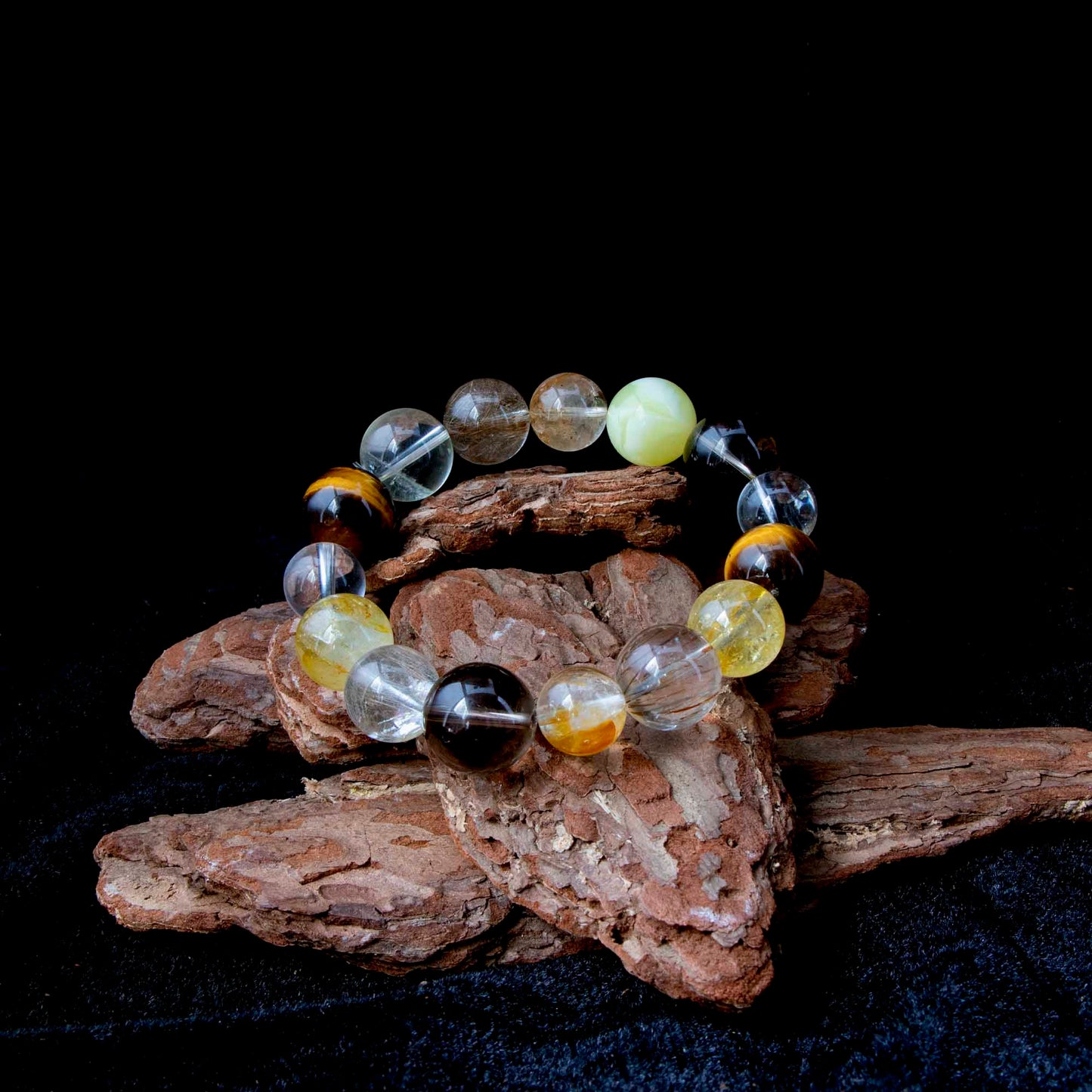 Auralyn Life Rhythm Ground & Glow Crystal Bracelet, 13–14mm Smoky Quartz, Green Quartz, Actinolite & Tourmaline Rutilated Quartz, Flower Agate, Amber, Tiger’s Eye & Red Rutilated, Handmade Energy Jewelry